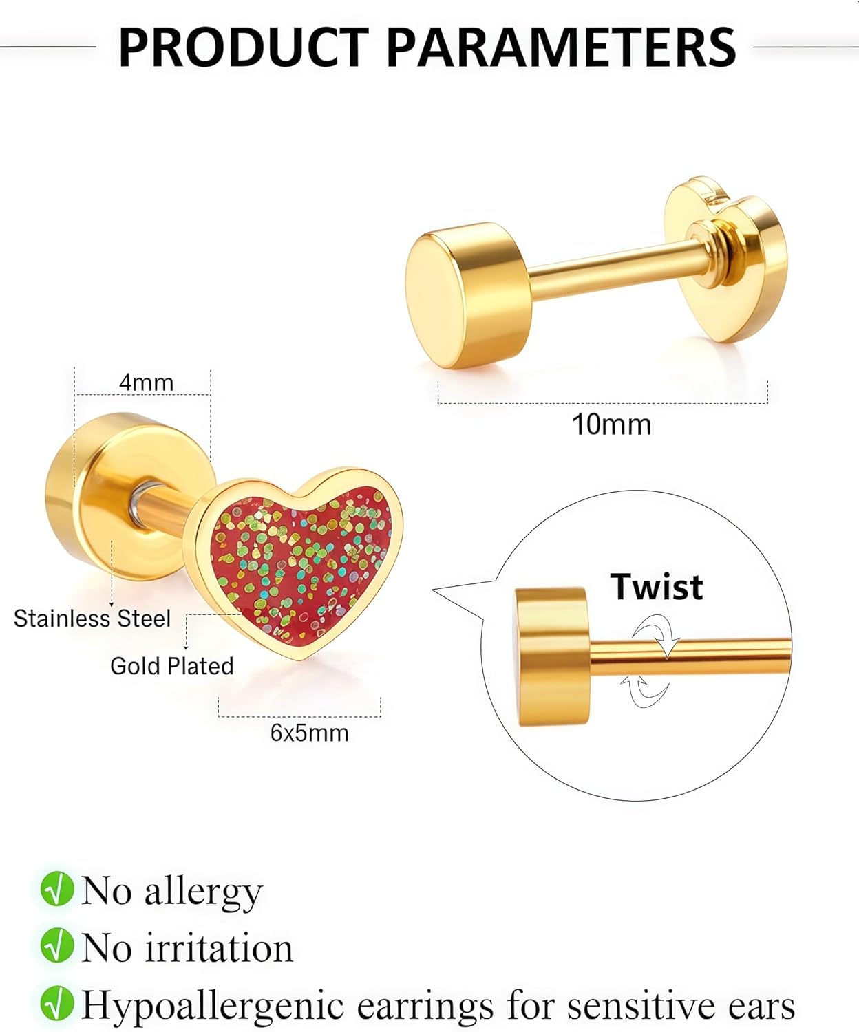 Hypoallergenic Screw Back Earrings for GirIs Women, 14K Gold-plated Star Heart Surgical Steel Stud Earrings Flat Back Earrings Hypoallergenic for Sensitive Ears Screw on Back Earring Jewelry Gift - Image 4