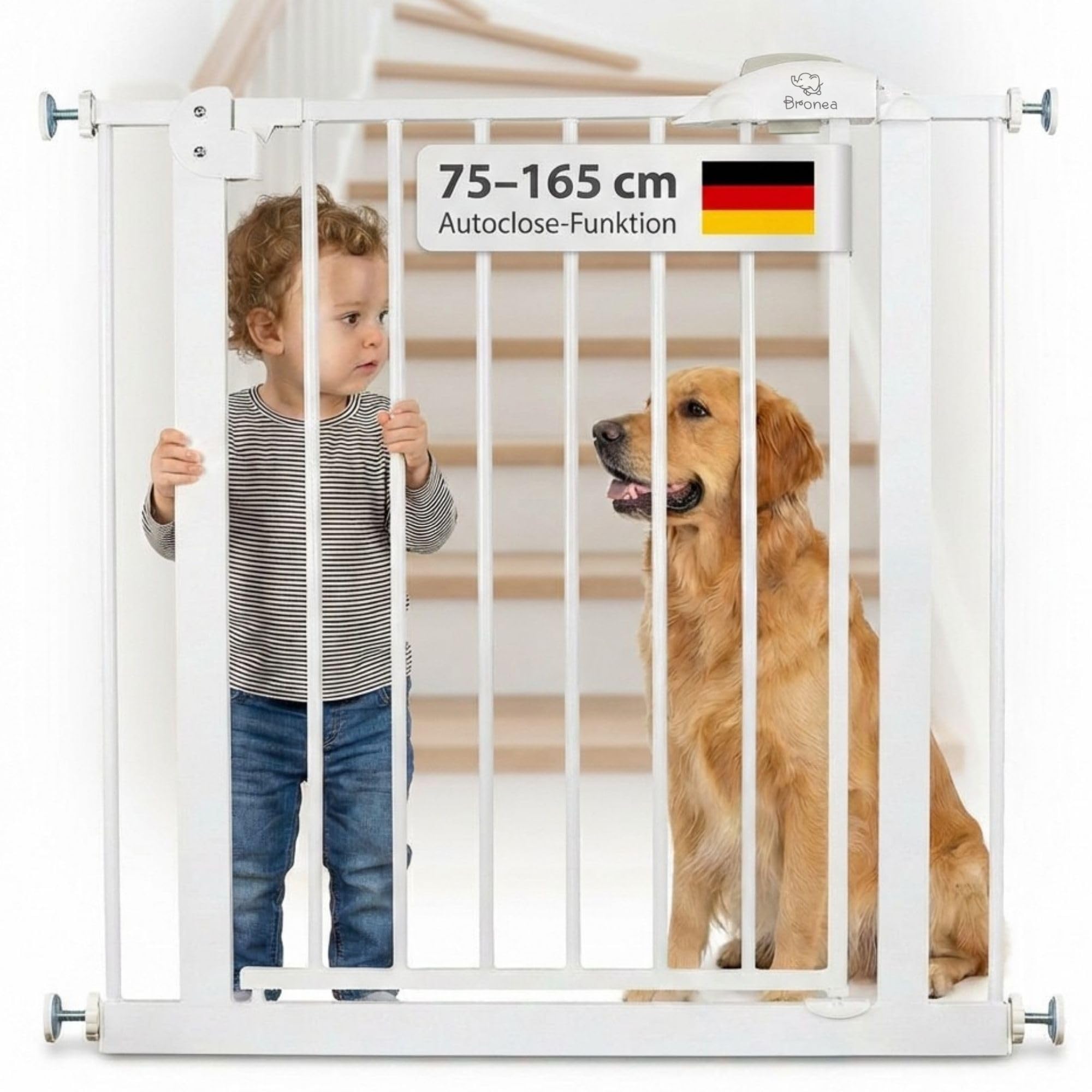 BRONEA Cleo Treppenschutzgitter ohne Bohren | Kinderschutzgitter Tür & Treppe 96-103 cm | Auto-Close | 3-Schritt-Sicherung | beidseitig öffnend | verlängerbar bis 165 cm