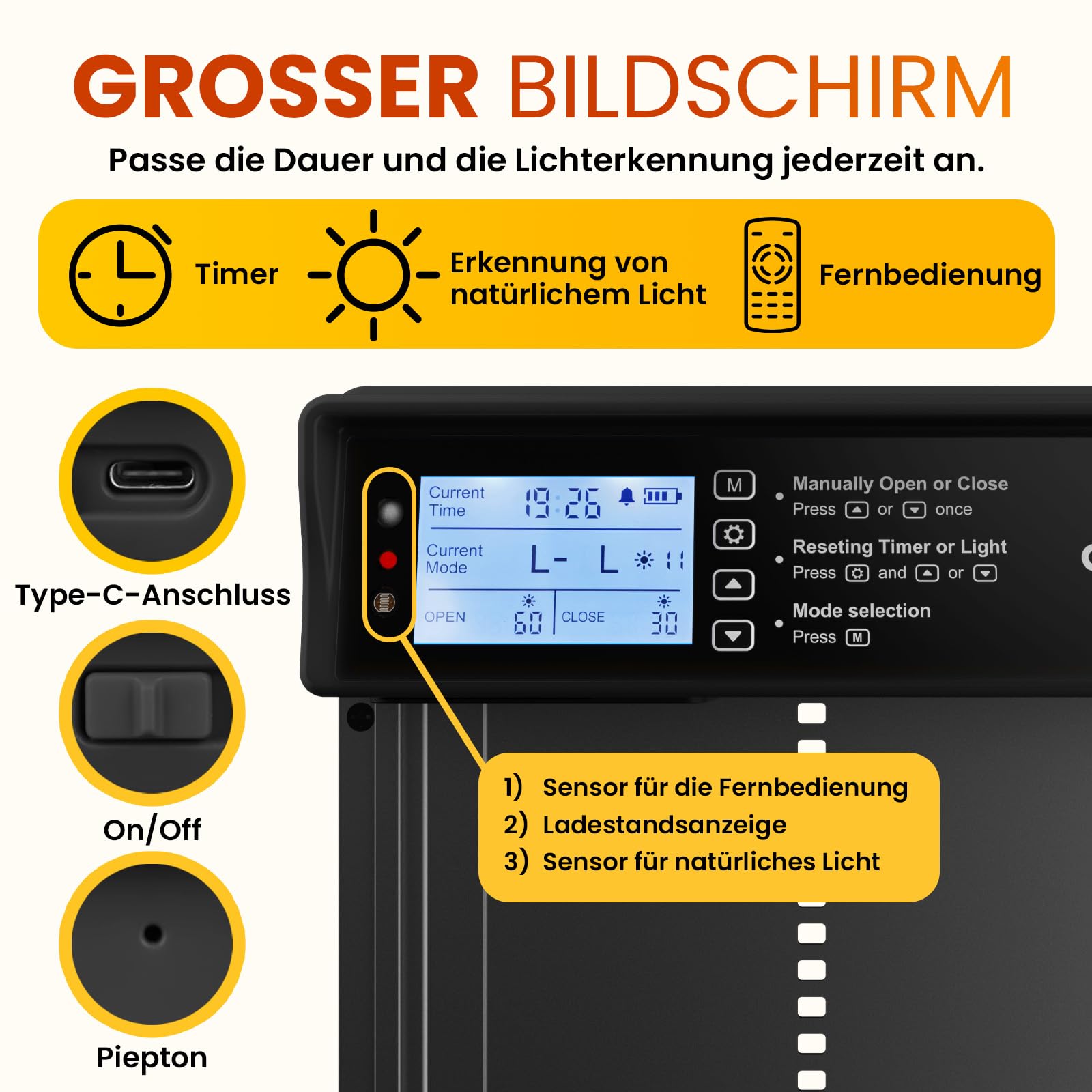 Okkobi Hühnerklappe Automatisch Solar - LCD Display - Automatische hühnerklappe mit Fernbedienung, Lichtsensor & Timer - Sicherheit & Seelenfrieden: Sicherheitsmechanismus - 5 Jahre Schutz