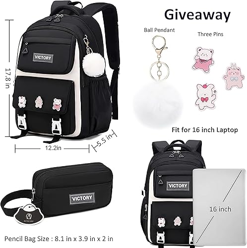 Miniatura 6 de AO ALI VICTORY Mochila para mujeres y niñas, conjunto con estuche para lápices de 15.6 pulgadas, mochila escolar para computadora portátil, mochila