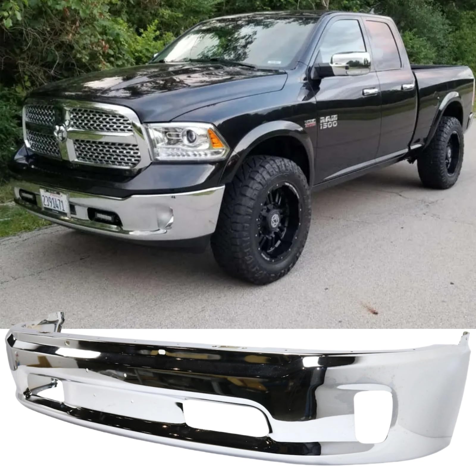 Front Bumper Compatible with 2013-2018 Dodge Ram 1500, Chrome Truck Automotive Steel Replacement Bumpers Face Bar, with Fog Light Holes, without Sensor Holes (Style A)