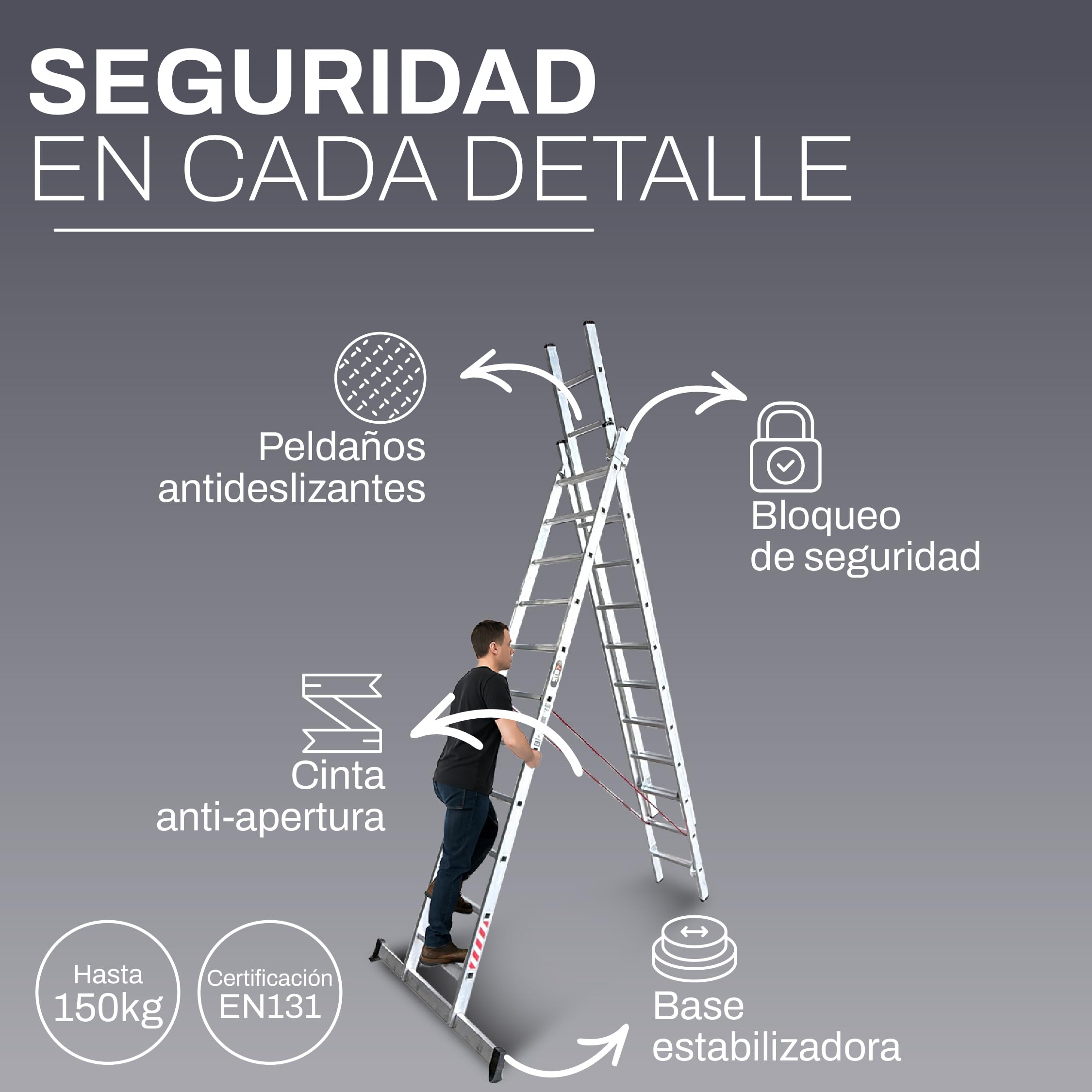 BTF Escalera de Mano Triple de Aluminio 3x9 Peldaños, Escalera Transformable y Extensible de 5,6m para Uso Doméstico, Barra Estabilizadora, Carga 150kg, Norma EN131