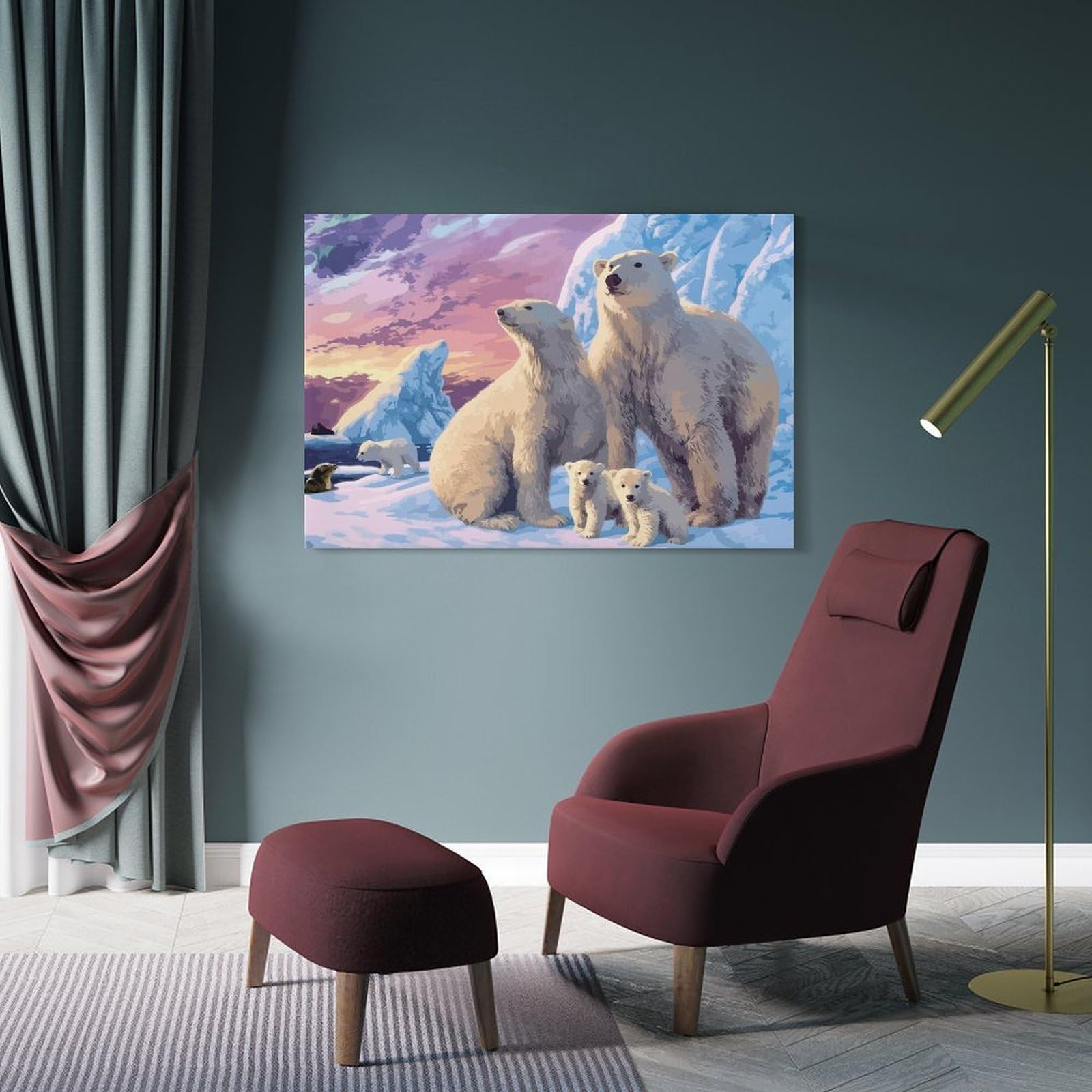 Junmoney Polar Bear Family Sunset Home Decor Wall Art, 24x36inch(60x90cm), for Flats, Guest Rooms Or Compact Rooms, Stylish Wall Art for Fresh Spaces