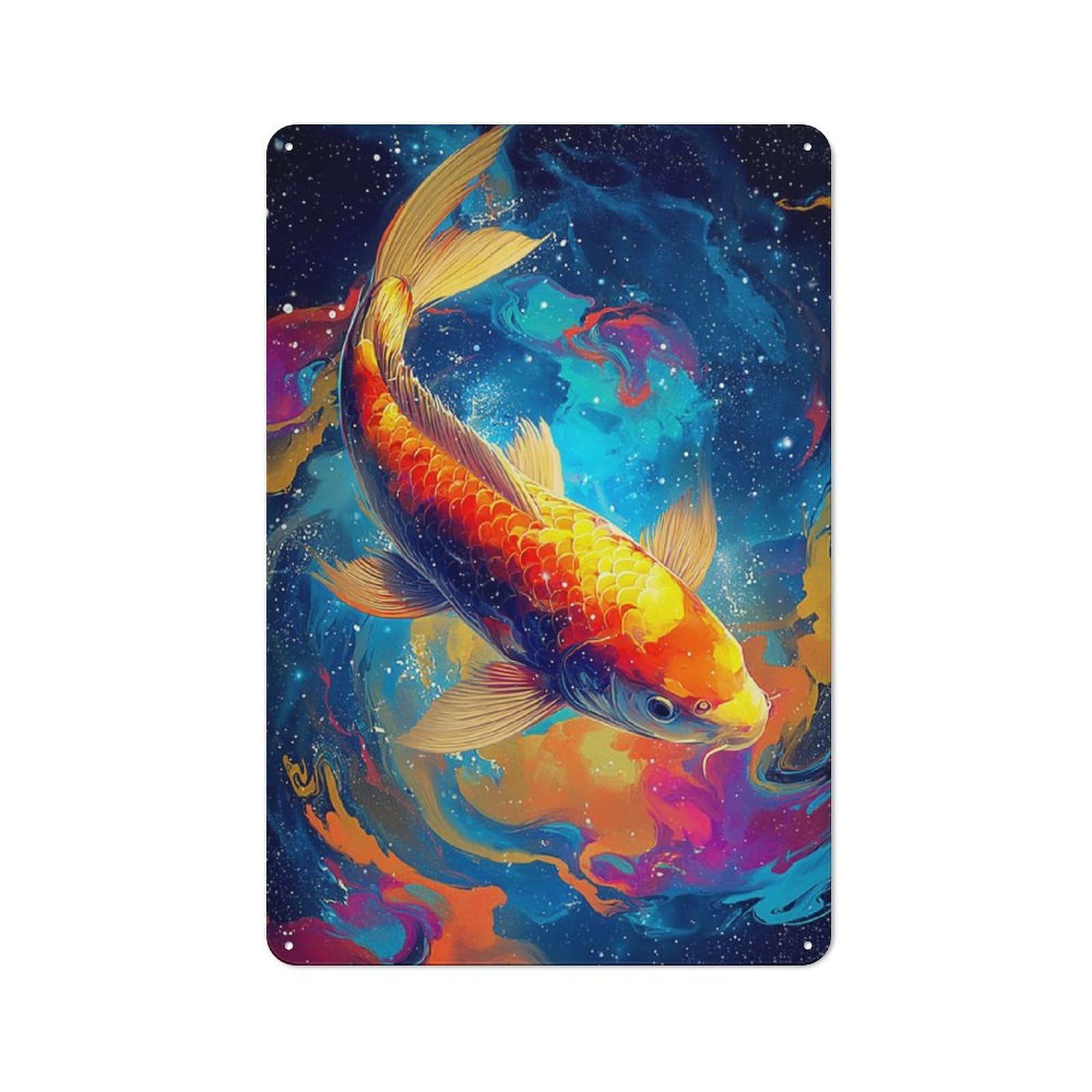 Junmoney Colorful Koi Fish In Cosmic Water Clean Industrial Industrial Metal Sign 30X20cm, Studio Wall Art For Loft, Studio, Office Or Creative Room