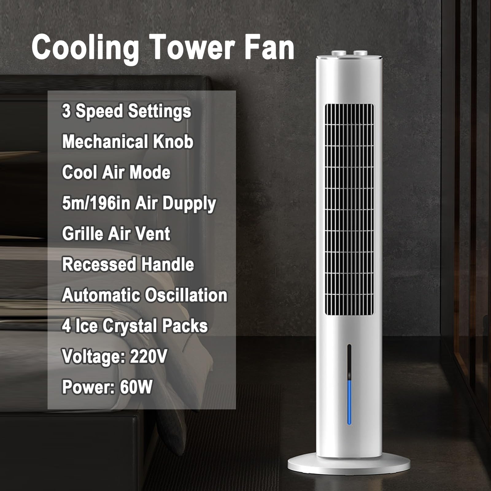 Wentylator Wieżowy Oscylacyjny Cichy do Sypialni, 60W, Oscylacja 70° | Wentylator Wieżowy Ogólny, 3 Prędkości, 220V, 60W, Wysokość 39in, Wylot Powietrza z Kratką, do Domu