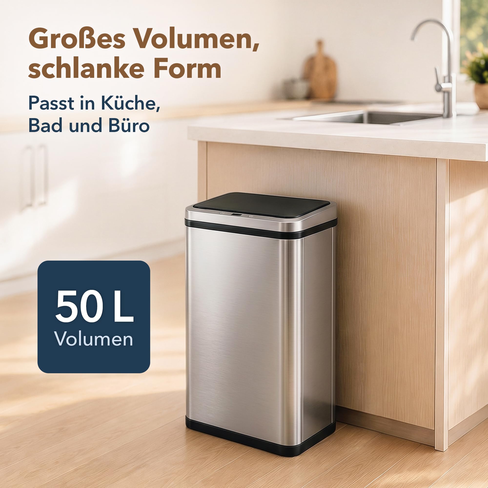 ledscom.de 2x SORTA Sensor Mülleimer 50L, Edelstahl Abfalleimer | automatischer Bewegungssensor, Touch-Bedienung, Soft-Close, 4x AA Batterie, 35,5 x 26 x 67 cm, Silber/Schwarz