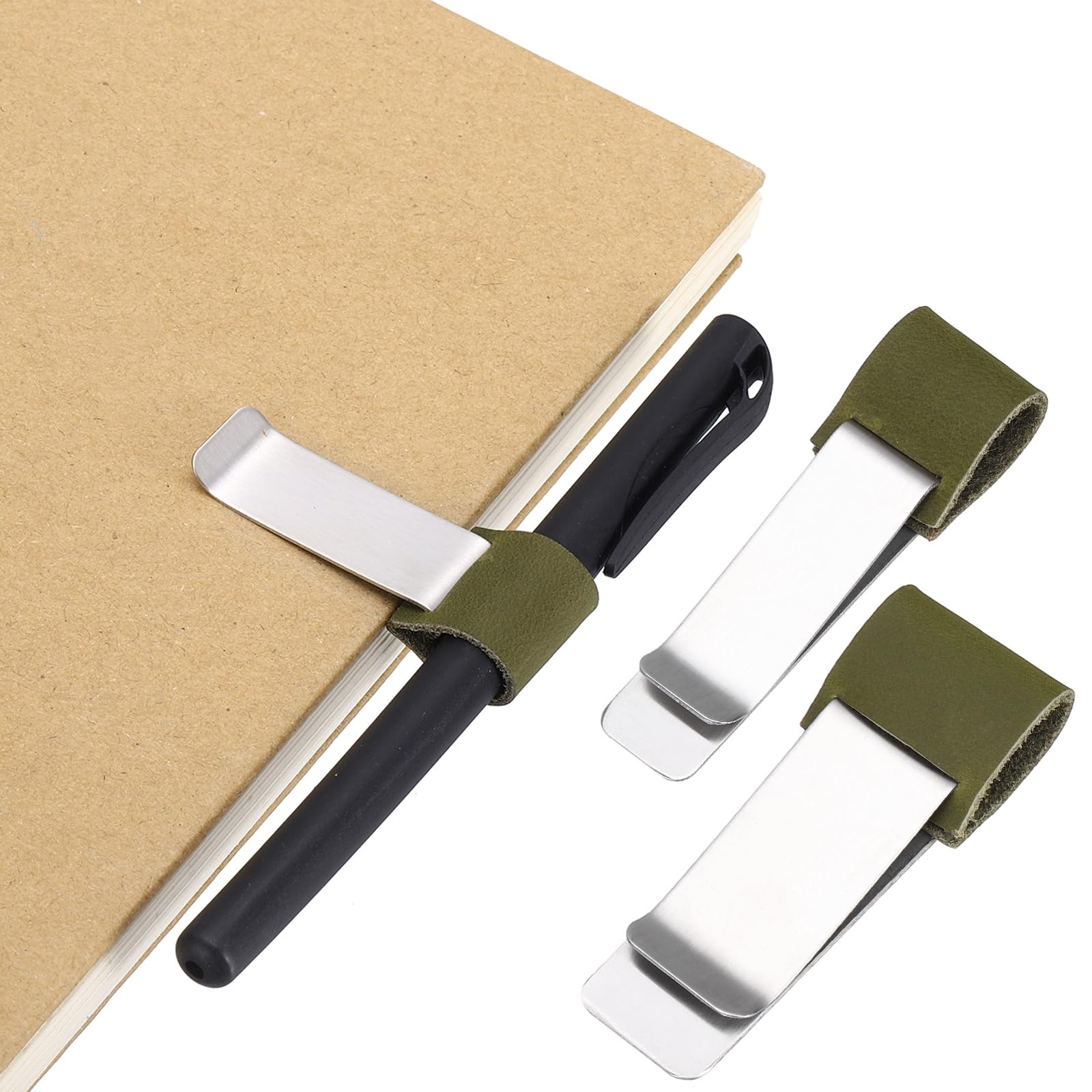 PATIKIL 2Pcs Pen Loop for Notebook, Brass Wax Retro Leather Pencil Holder Pen Clip for Notebook Clipboards Pocket Office Traveler Journals Planner, Olive Green/Silver