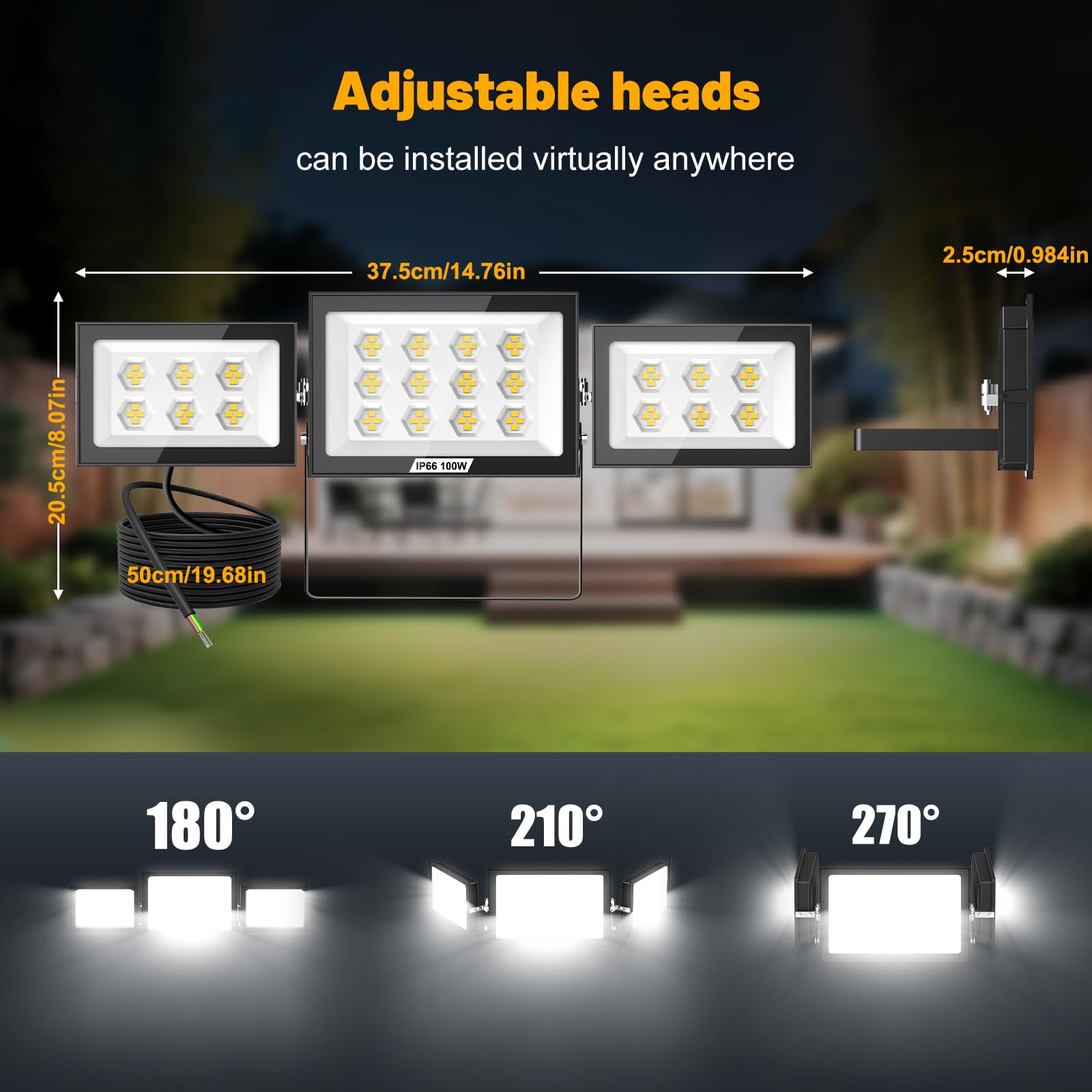 Lightasea 100W Security Lights Outdoor,LED Spot Light,10000LM LED Floodlight Outdoor,Outdoors Spotlight with Adjustable 3 Heads,IP66 Waterproof Outdoors Wall Light,for Courtyard Porch Garden Garage - Image 2