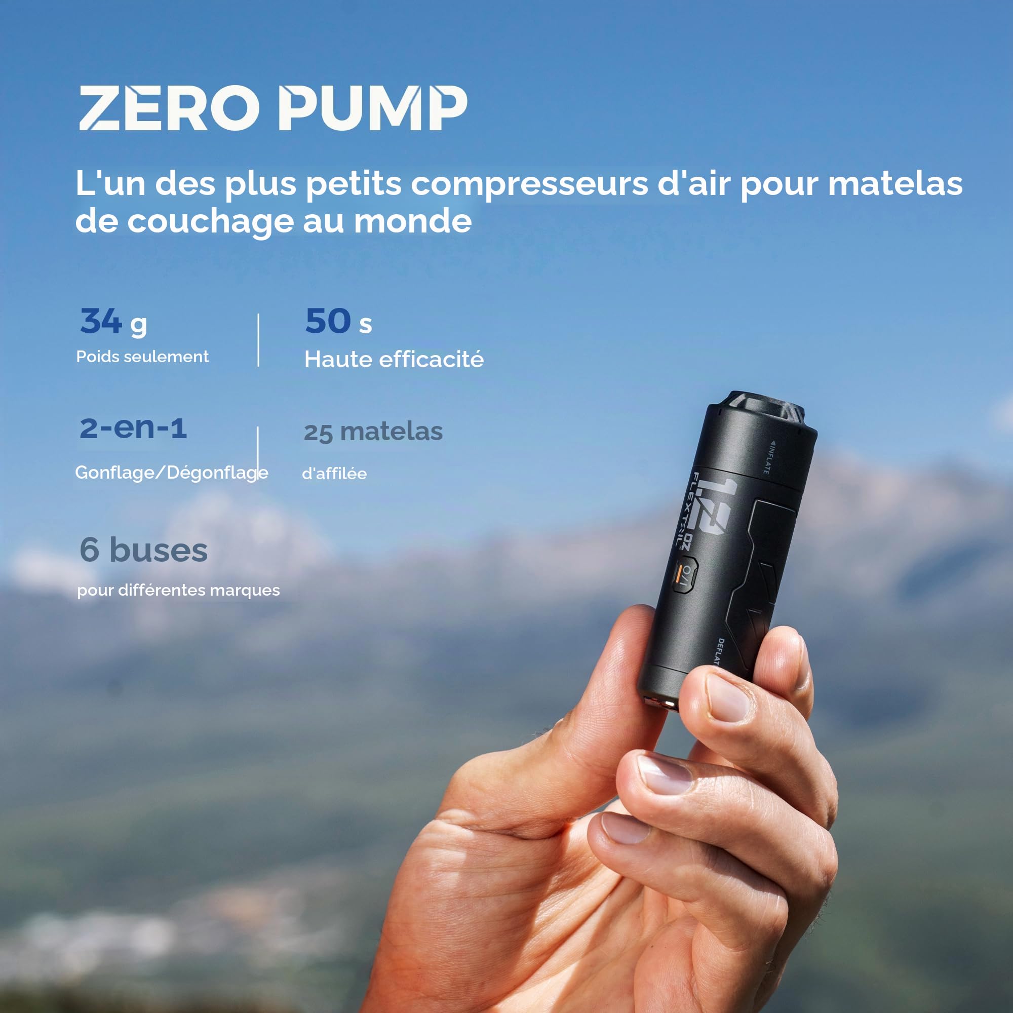 FLEXTAILGEAR Zero Pump 34 g Pompe à air électrique rechargeable, portable, ultra mini pour sacs de couchage, compatible avec KLYMIT Nemo Big Agnes Winlock STS EXPED