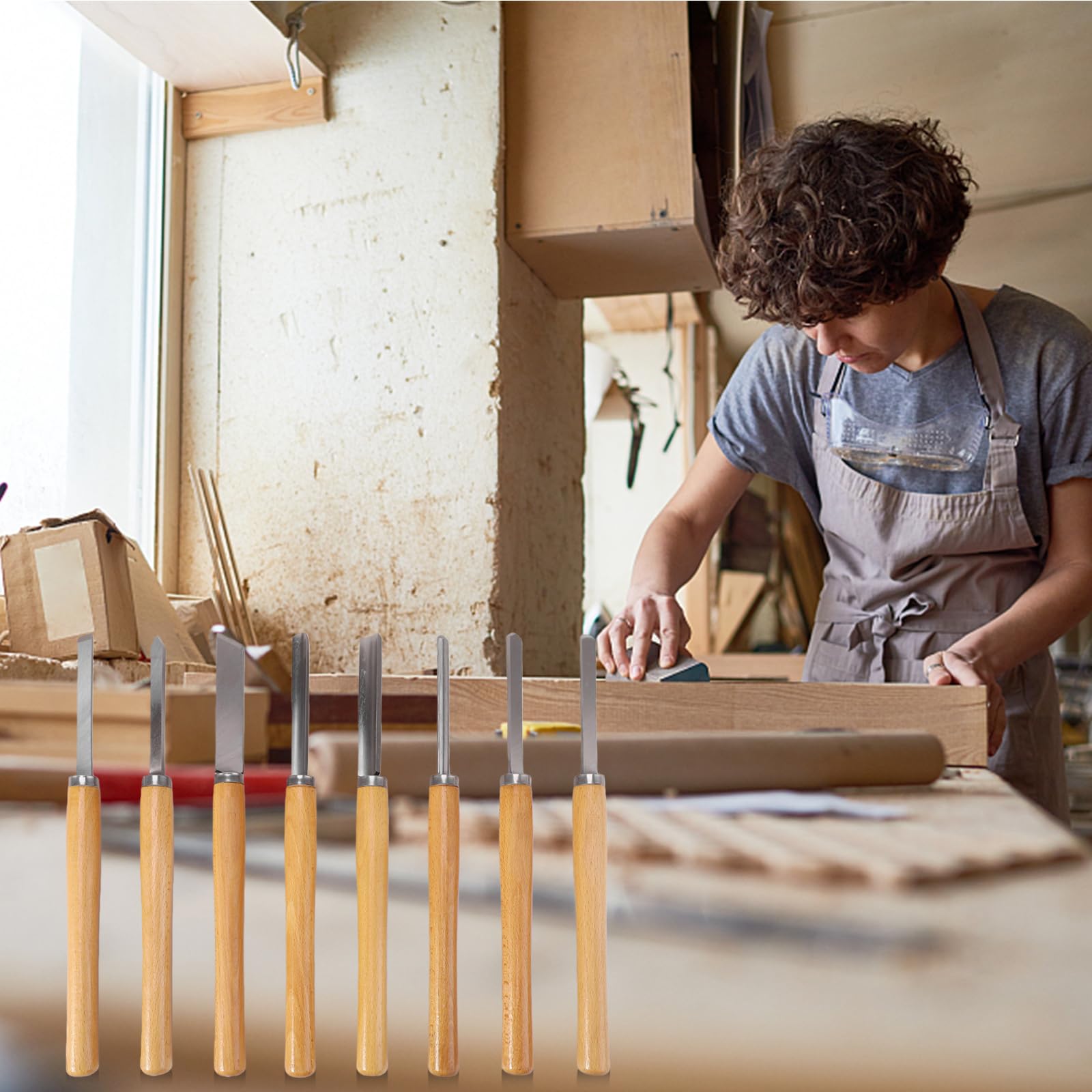 Drechselmesser Set 8 Stück, Stechbeitel Set für Holz Drehmeißel Set mit Manganstahl Klingen und Poliertem Holzgriff, Drechselbeitelsatz für Profis und Bastler in Holzbearbeitung und Holzschnitzereien