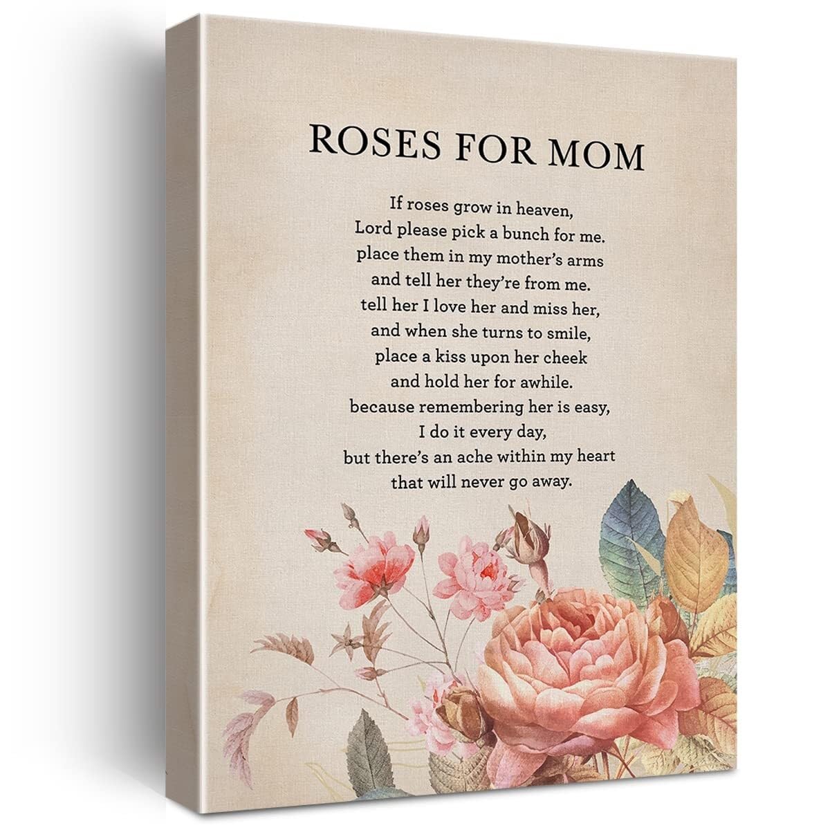EKFBQBGW Remembrance Wall-Art for Mom If Roses Grow in Heaven Poem Canvas Print Memorial Decor for Living Room Bedroom Tribute to Mother Gift(Framed,16x24inch(40x60cm))