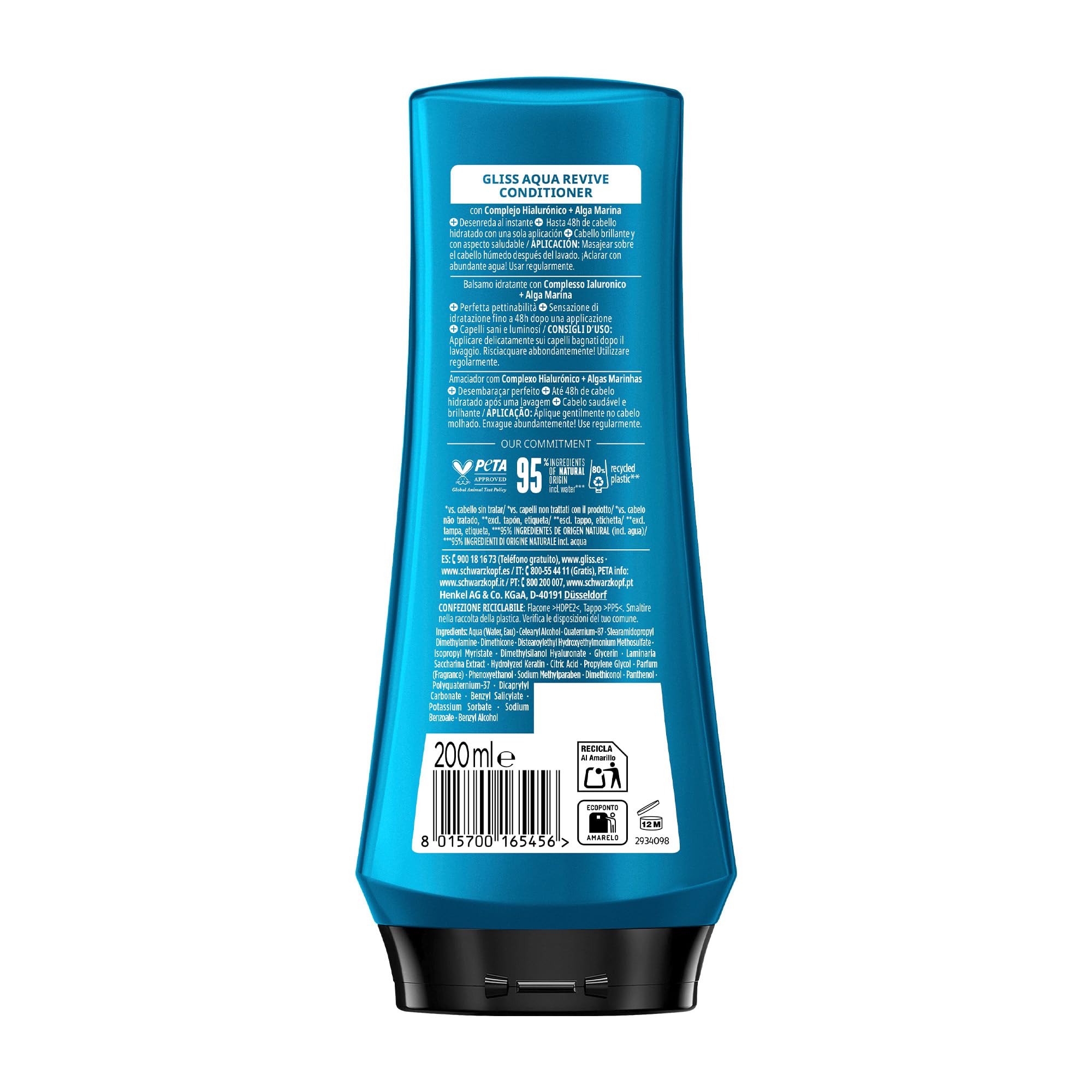 Schwarzkopf Gliss Aqua Revive odżywka nawilżająca, 6 opakowań po 200 ml, odżywka wzbogacona kompleksem hialuronowym i wodorostów, produkty do włosów normalnych i suchych
