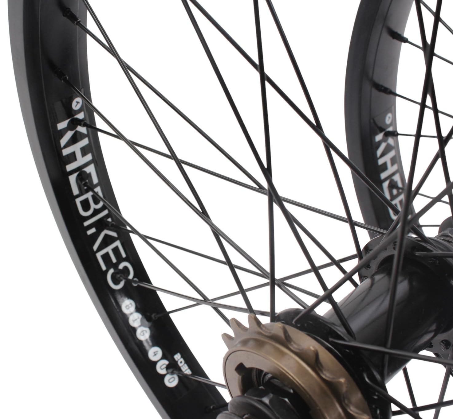 KHE Prism BMX zestaw kół 20 cali – czarny – przednie i tylne koło – oś 14 mm/10 mm – wolne koło 16T – 36H – 7005 aluminiowe felgi