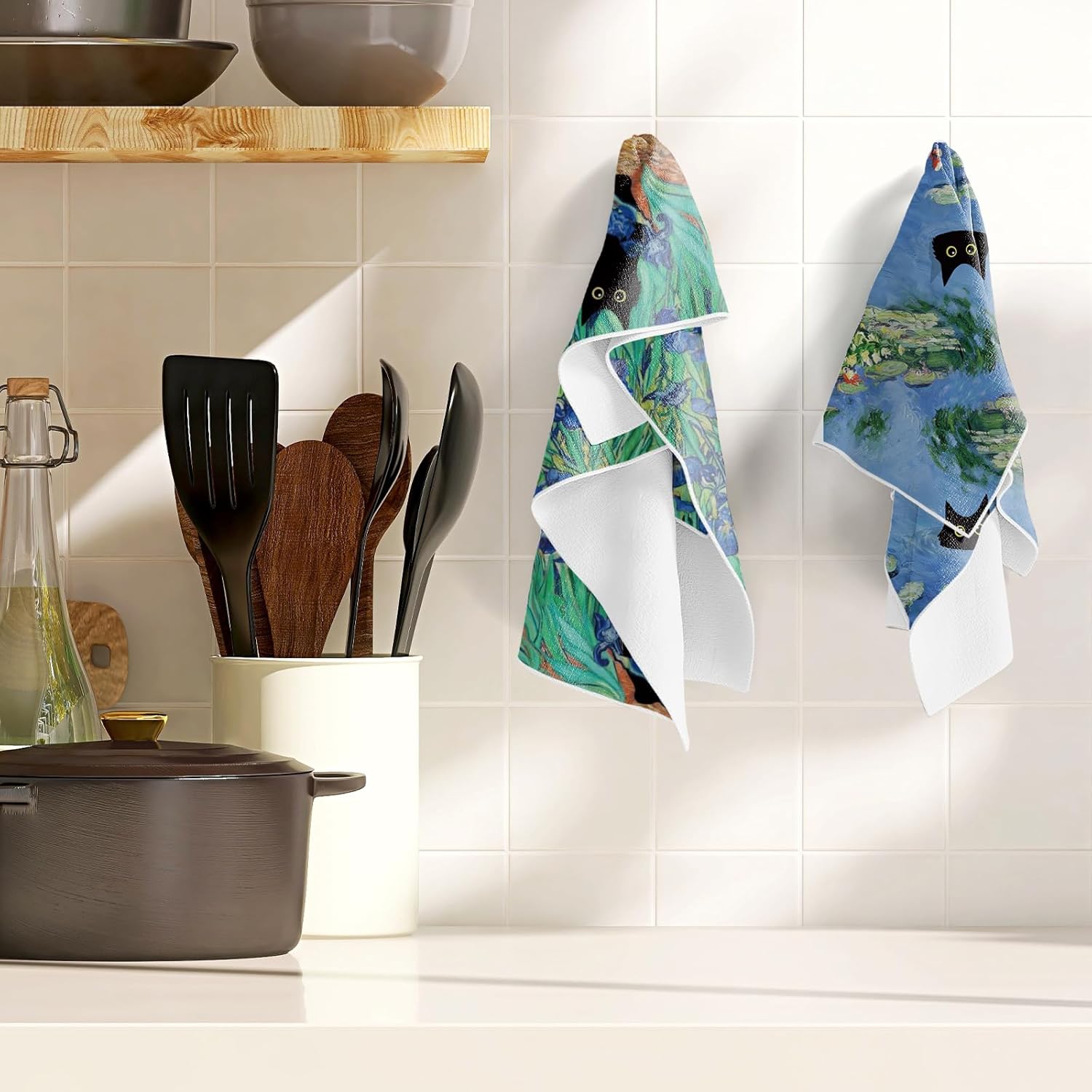 Black Cat Kitchen Towels, 4PCS Oil Painting Dish Towels for Cooking Cleaning, Absorbent Aesthetic Decorative Tea Towel with Hanging Loop for Home Kitchen(16 X 24 Inches) - Image 5