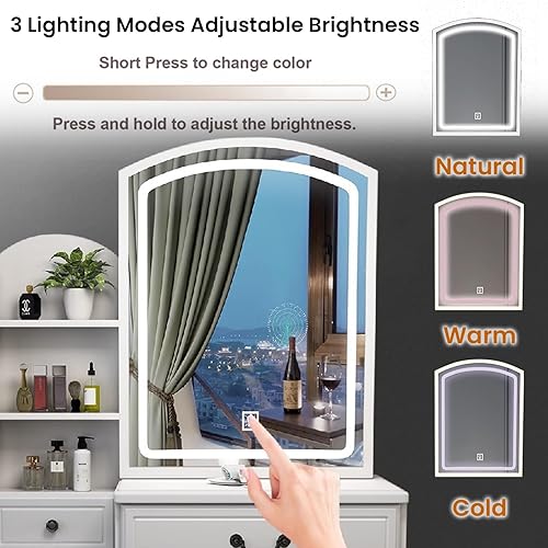 Miniatura 4 de Escritorio de tocador con espejo y luces, escritorio de maquillaje con espejo iluminado deslizante, escritorio de maquillaje de espejo estrecho con