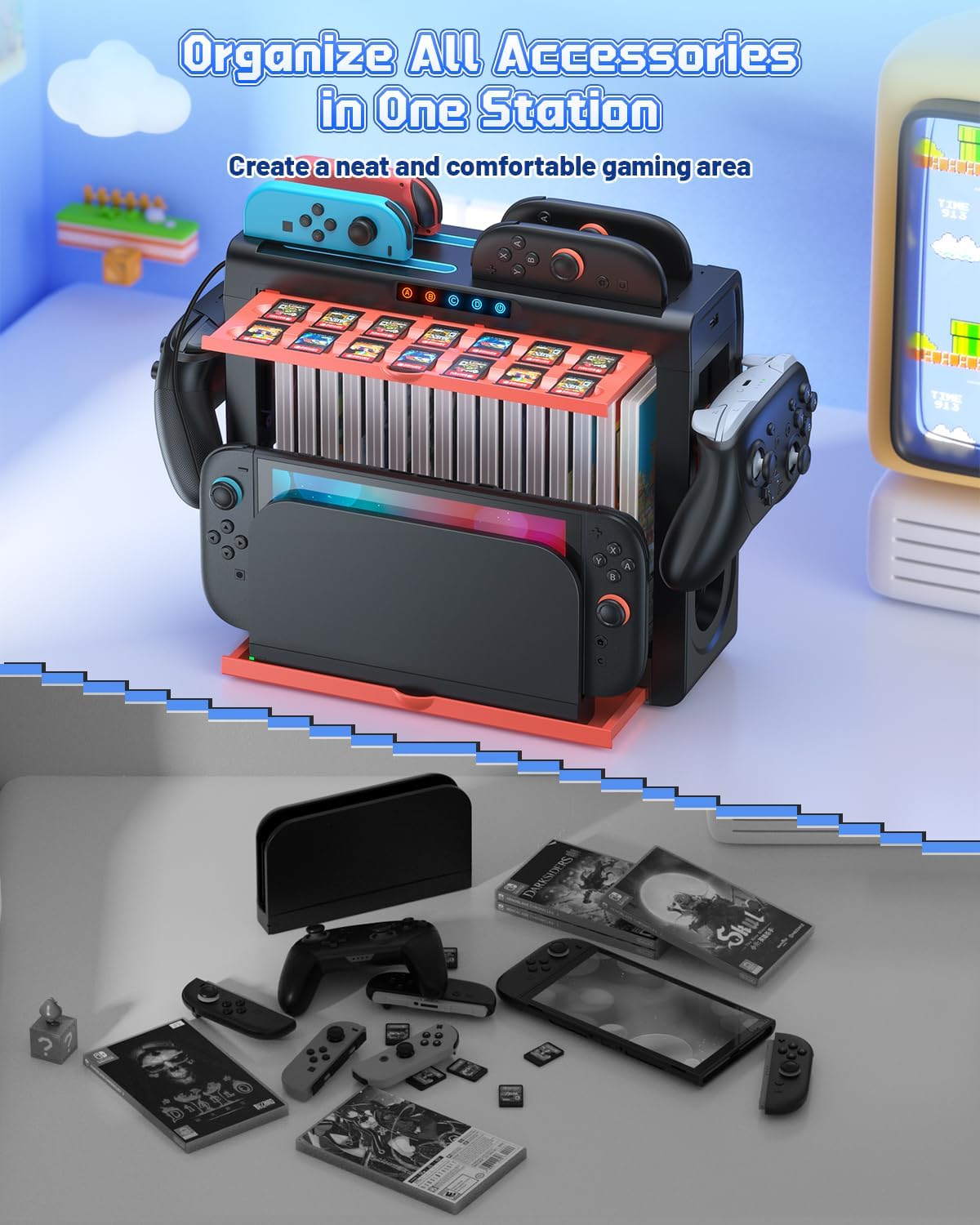 [Switch 2/1 Compatible]Organizer and Charging Station for Nintendo Switch 2, Charger Dock for Joycon 2/1, Retractable Storage Stand for Switch2 Console, 16 Game Disc, 14 Game Cards, for Pro Controller