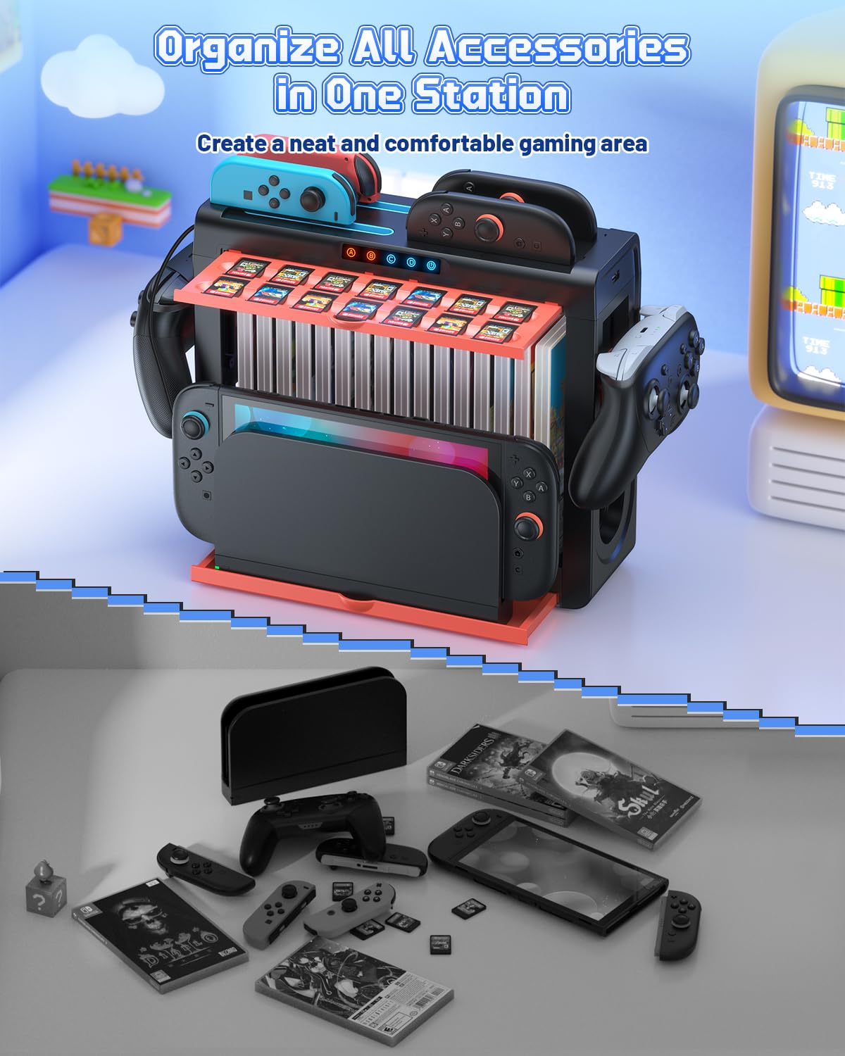 Stazione di ricarica per Switch 2/Switch 1/OLED per JoyCon, FASTSNAIL Giochi di Stoccaggio Compatibile con Nintendo Switch 2/1/OLED, Accessori per Switch 2/Switch 1/Switch OLED