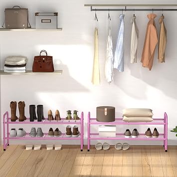 SUFAUY 2 Tier 33 Wide Shoe Rack, Closet Metal Wire, Stackable, Pink