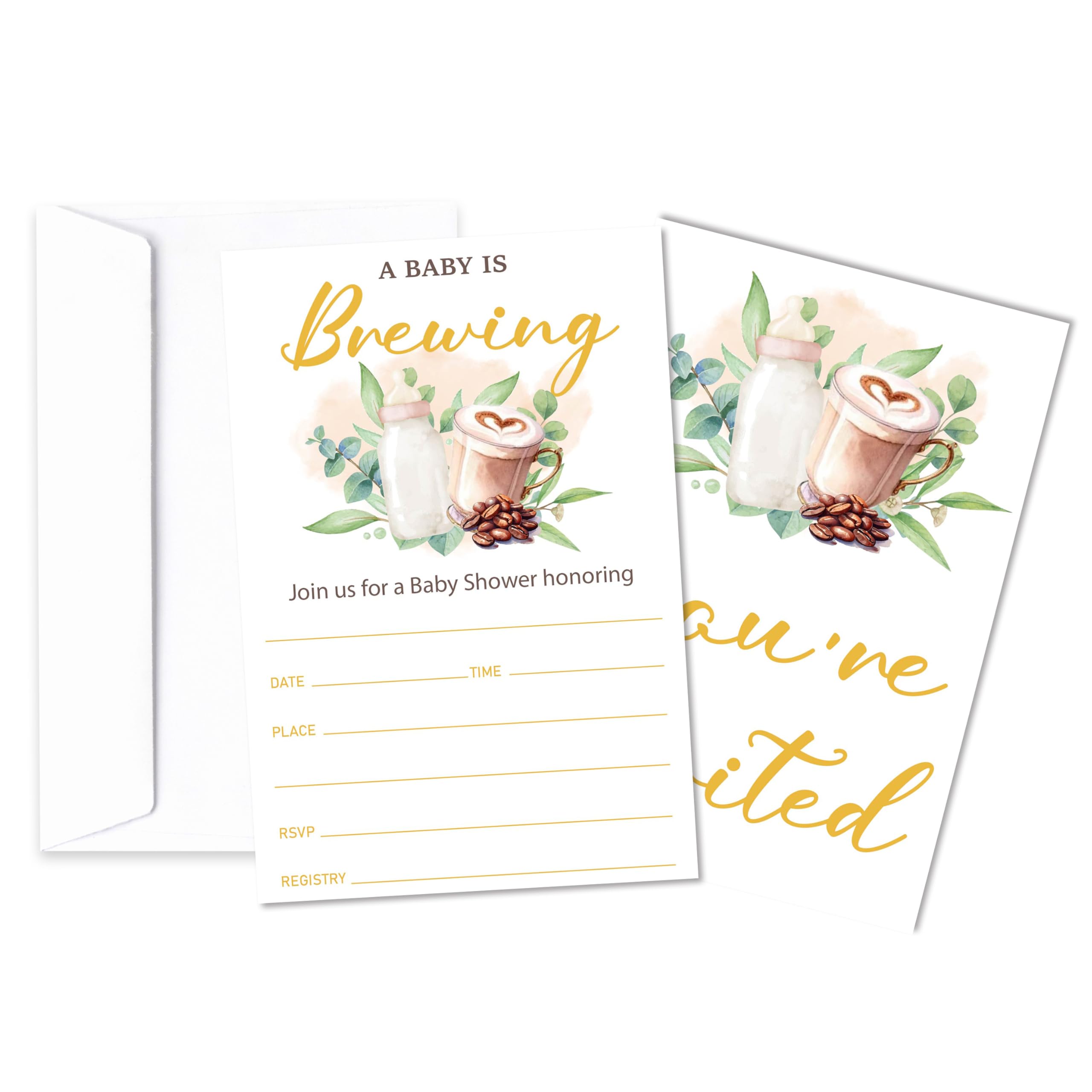 Gender Neutral 'Brewing Theme' Baby Shower Invitations (25 Count) with Envelopes