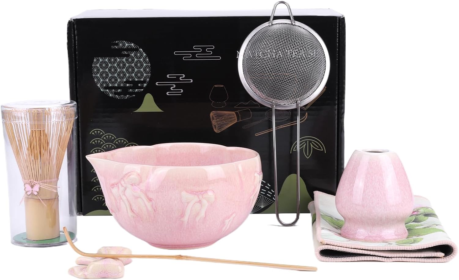 7pcs Traditional Tea Set with Bamboo Whisk Bowl Strainer & Accessories Cute Matcha Whisk Bowl Set Ceramic Gift for Daily Ceremony