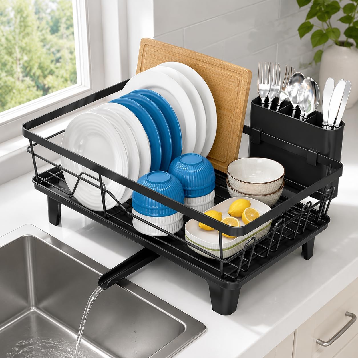 Dish Drying Rack, Black | Space-Saving Metal, Rust-Resistant, Utensil Holder, Compact Drainer Organizer