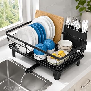 Dish Drying Rack with Drainboard, 360° Rotating Spout for Kitchen Counter