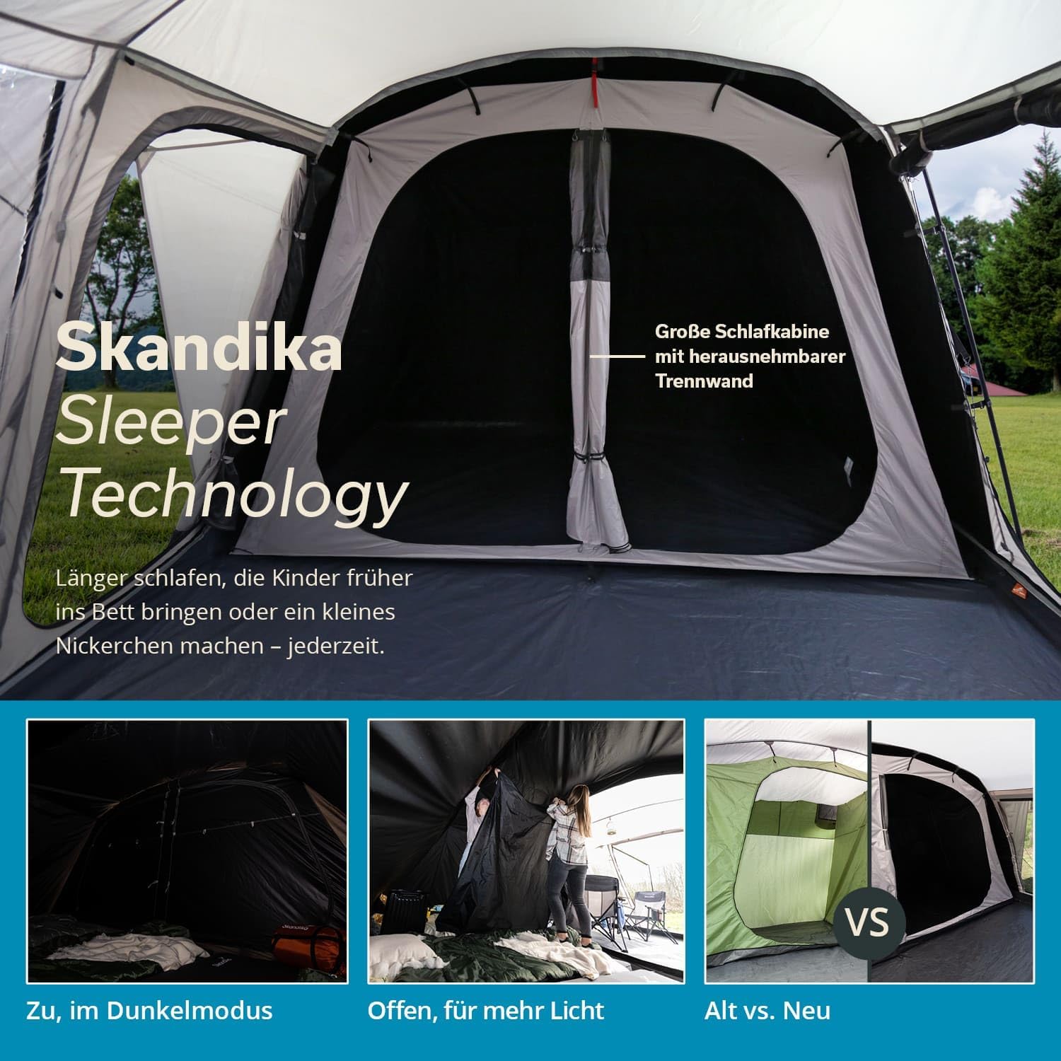 Skandika Nordland tent interior showing a large sleeping cabin with a removable partition wall. Insets show the cabin in dark mode, open for light, and a comparison of old vs. new tent interiors.