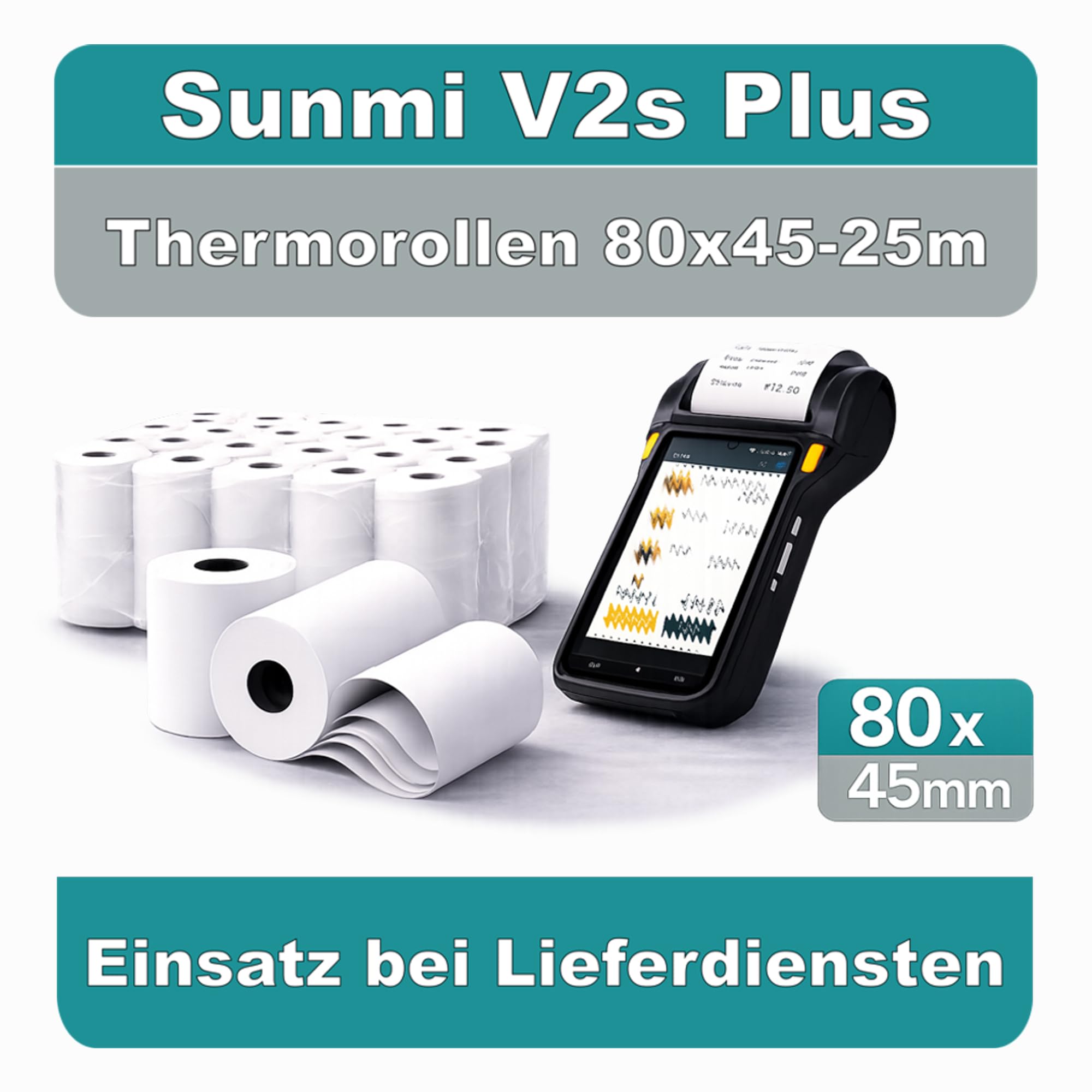 100 Thermorollen 80 mm x 25 m lang – Ø 45 mm – BPA-frei – Kassenrollen für Lieferdienste und POS-Drucker, kompatibel mit Sunmi V2s und Enfore Dasher (100)