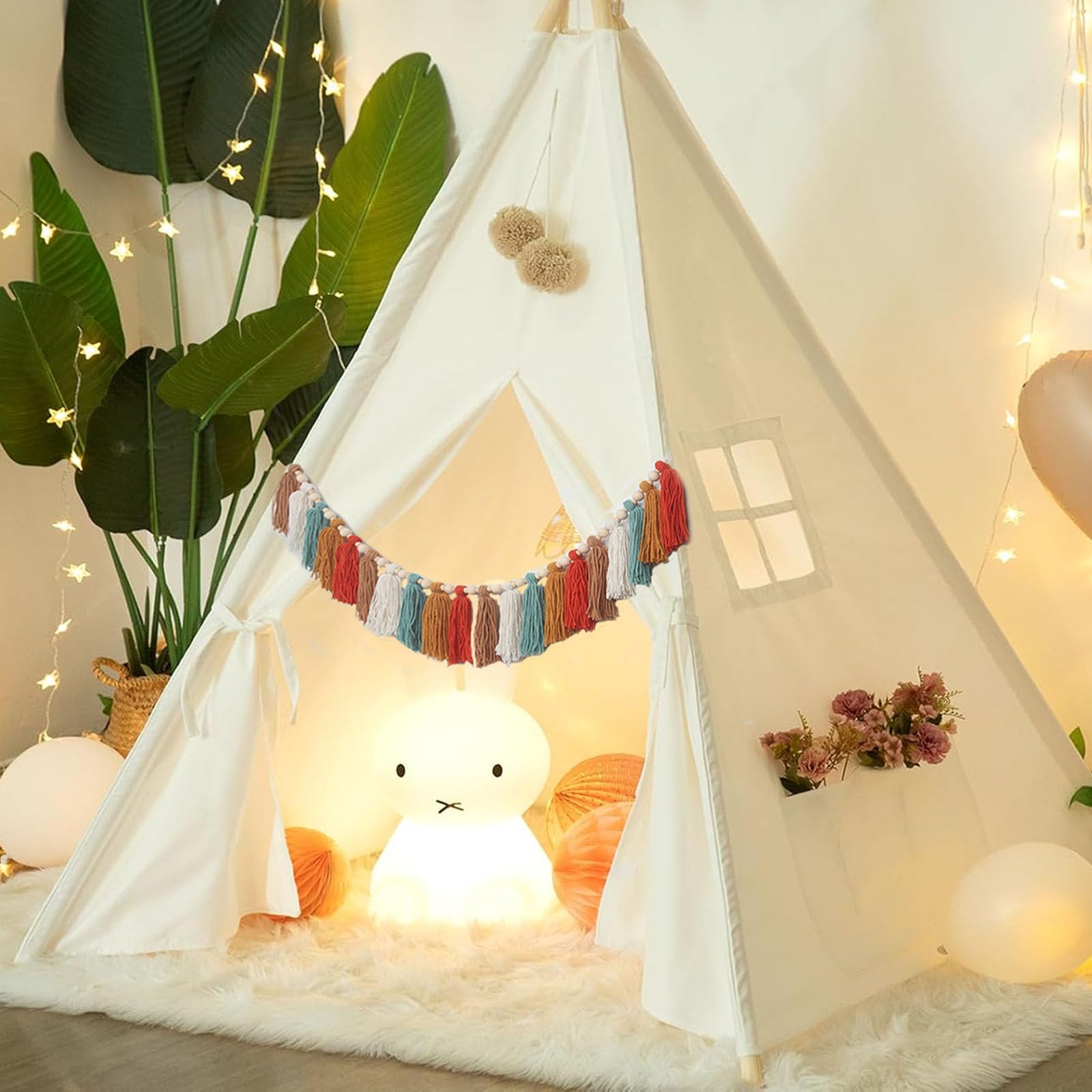 GIAUMA Boho-Garn-Girlande mit Holzperlen, Erdton, Wandbehang, Wimpelkette, Banner, Kinderzimmer, Dekoration für Klassenzimmer, Babyparty, Geburtstag, Kinderzimmer, Schlafsaal, Schlafzimmer, Dekoration