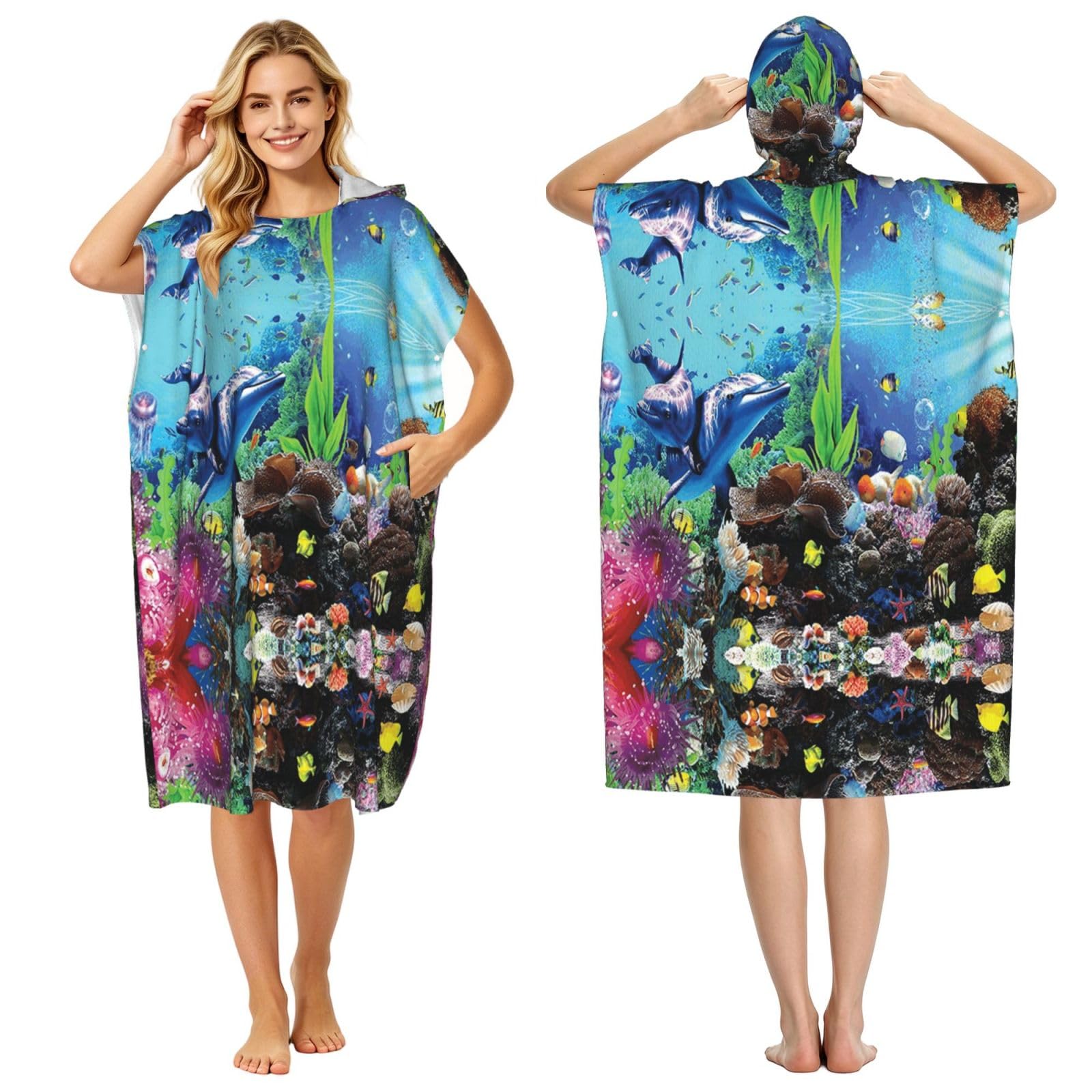 ESNAIUVCD Marine Life Print Changing Robe, Hooded Towel Poncho For Swimming Pool, Beach,Quick Dry & Light Weight Towelling Poncho For Adults Women Men