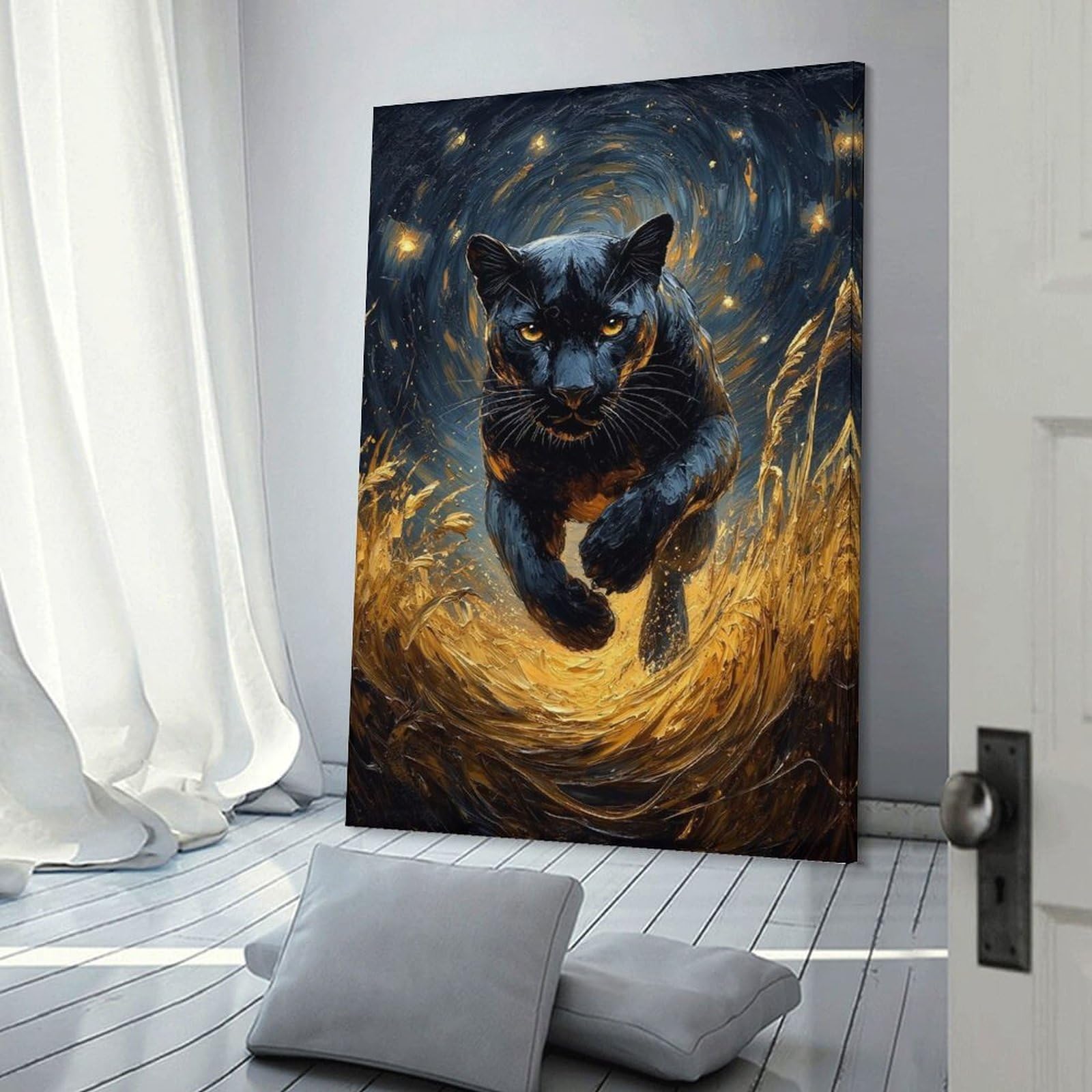 Junmoney Wall Art Print Black Panther in Golden Field, 20x30inch(50x75cm), for Contemporary Homes, Apartments Or Offices, An Easy Choice for New Home Styling