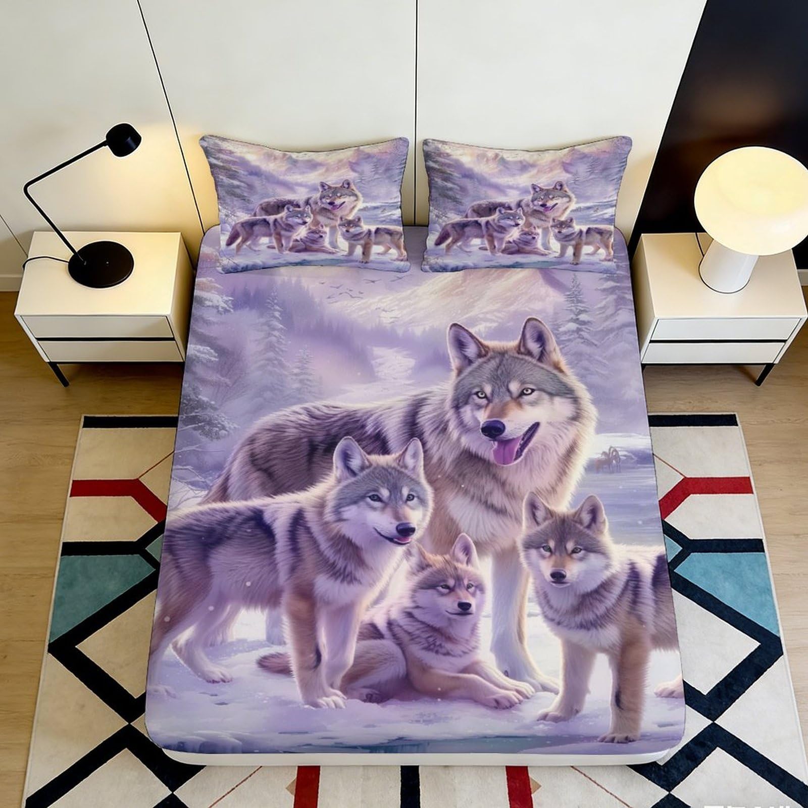 Pnayamiorkfel Style-9 3D Printed Wolf Pack Fitted Sheet Microfiber Soft Animal Snow Forest Mattress Cover For Bedroom Guest Room Decor 90X200x25cm