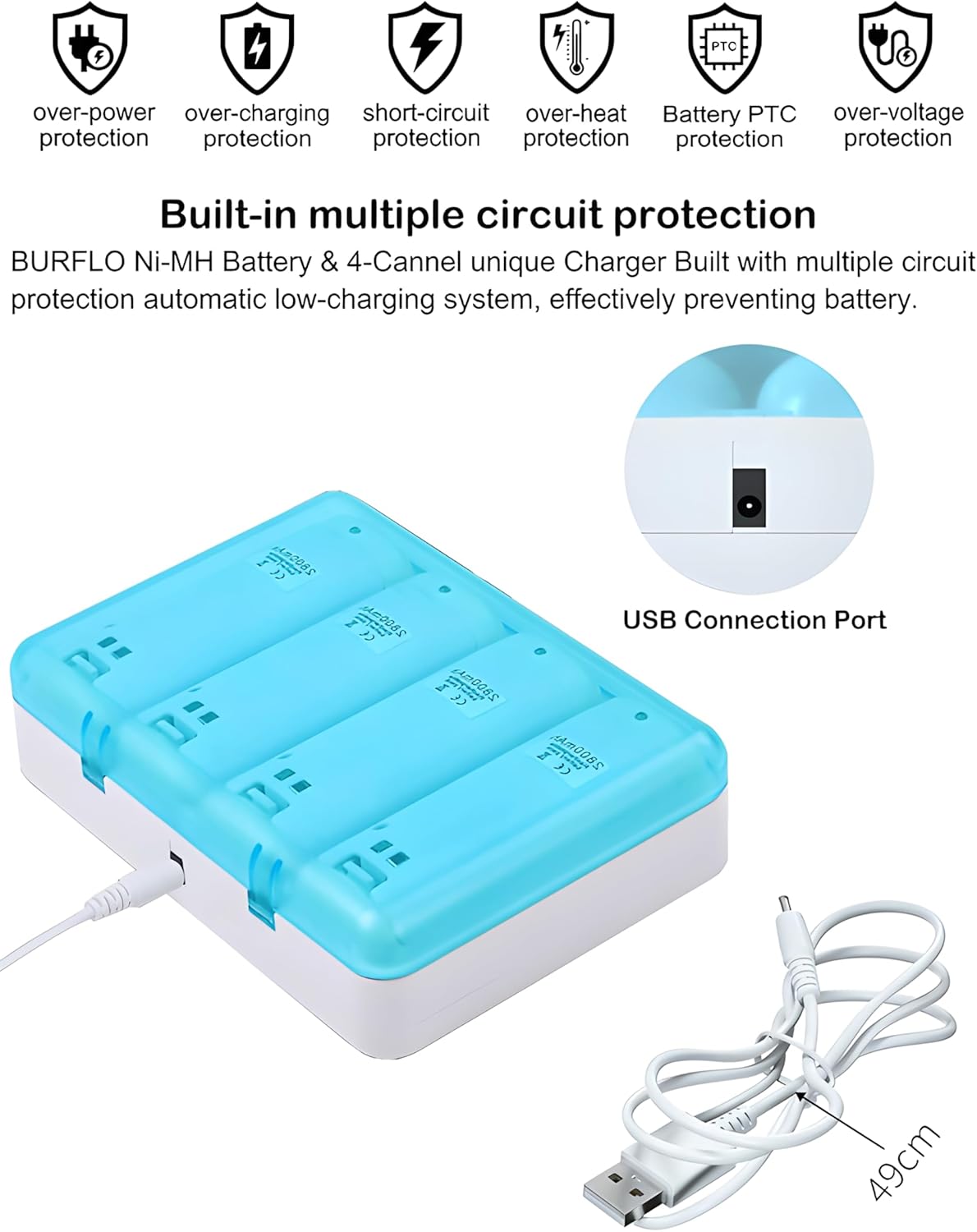 Wii Remote Charger Station for Wii Controller Battery Charger Rechargeable 4 Pack 2800mAh NIMH for Nintendo Wii U Remote
