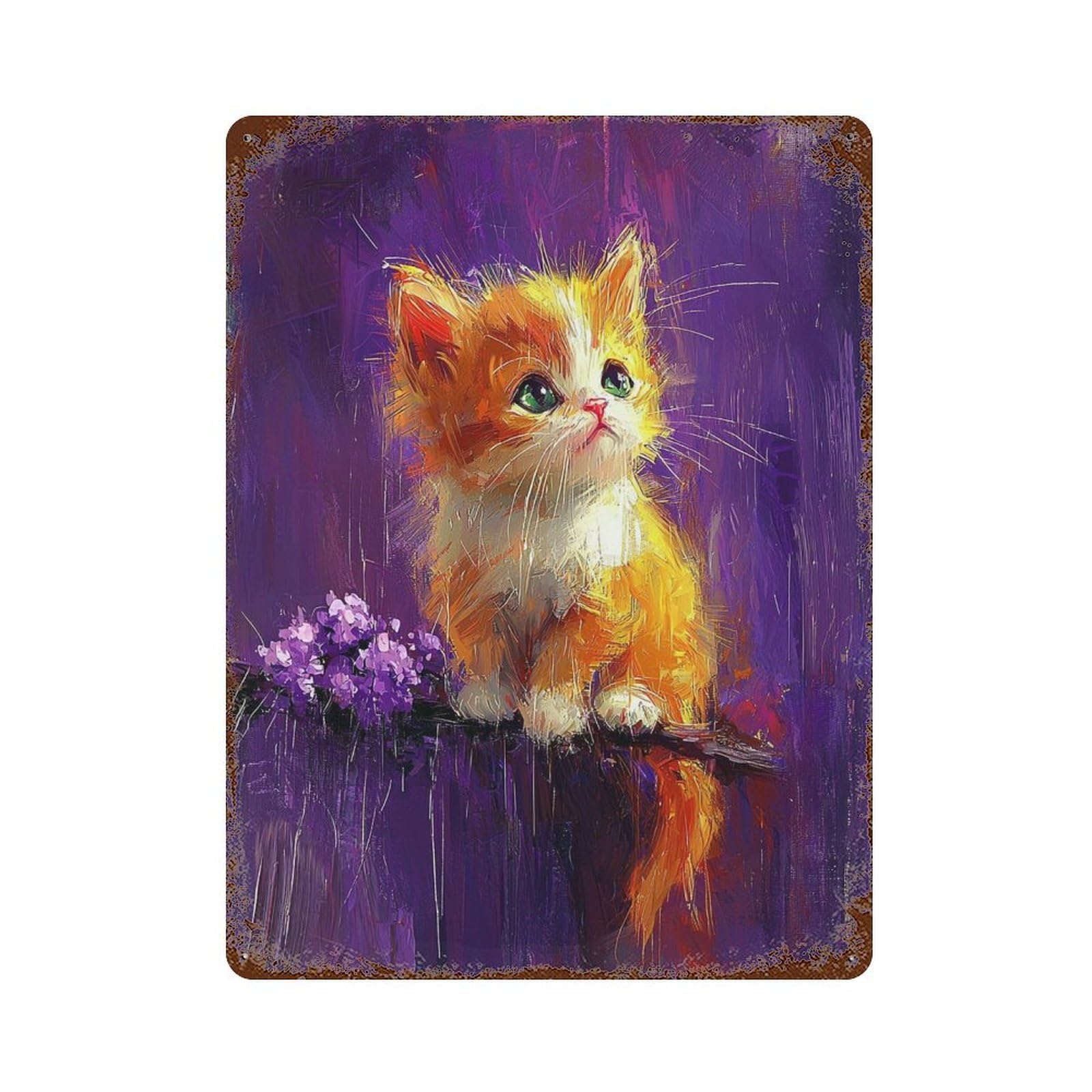 Rust Effect Whimsical Kitten with Purple Background Decorative Tin Sign 15.7"x11.8", Farmhouse Wall Decor for Patio, Garden Room And Bar Decor