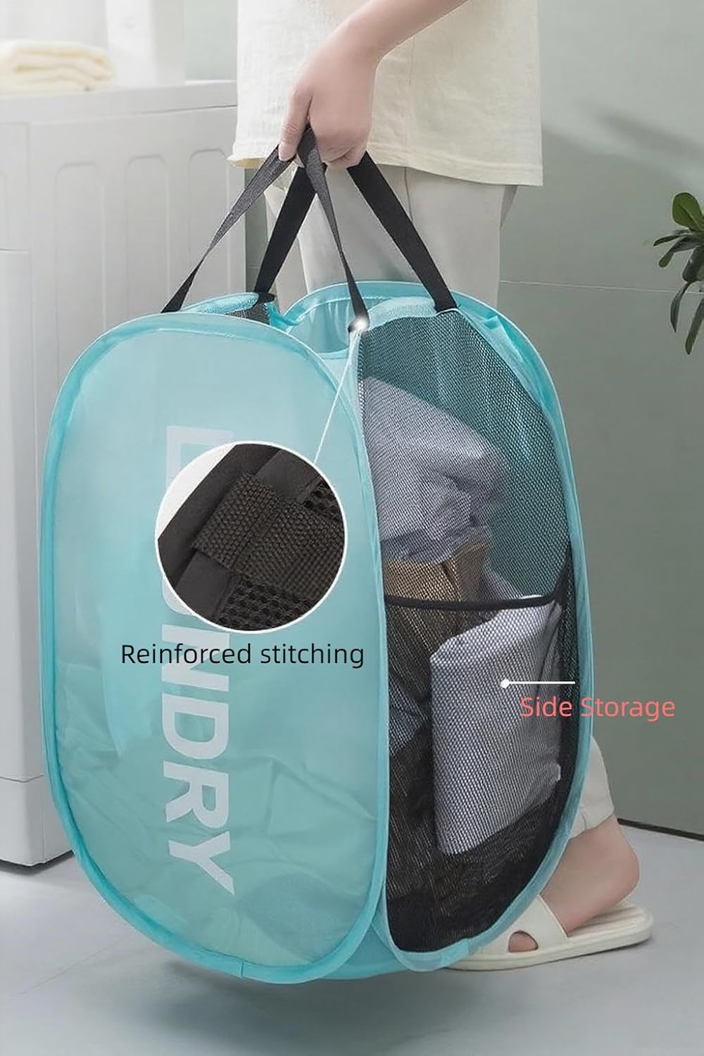 2Pack Mesh Pop Up Laundry Hamper, Two Sided Hamper Foldable Collapsible Portable Clothes Basket with Side Pocket for Home, Dorm, Nursery, Laundry Room, Travel, Cruise (Pink+Blue)