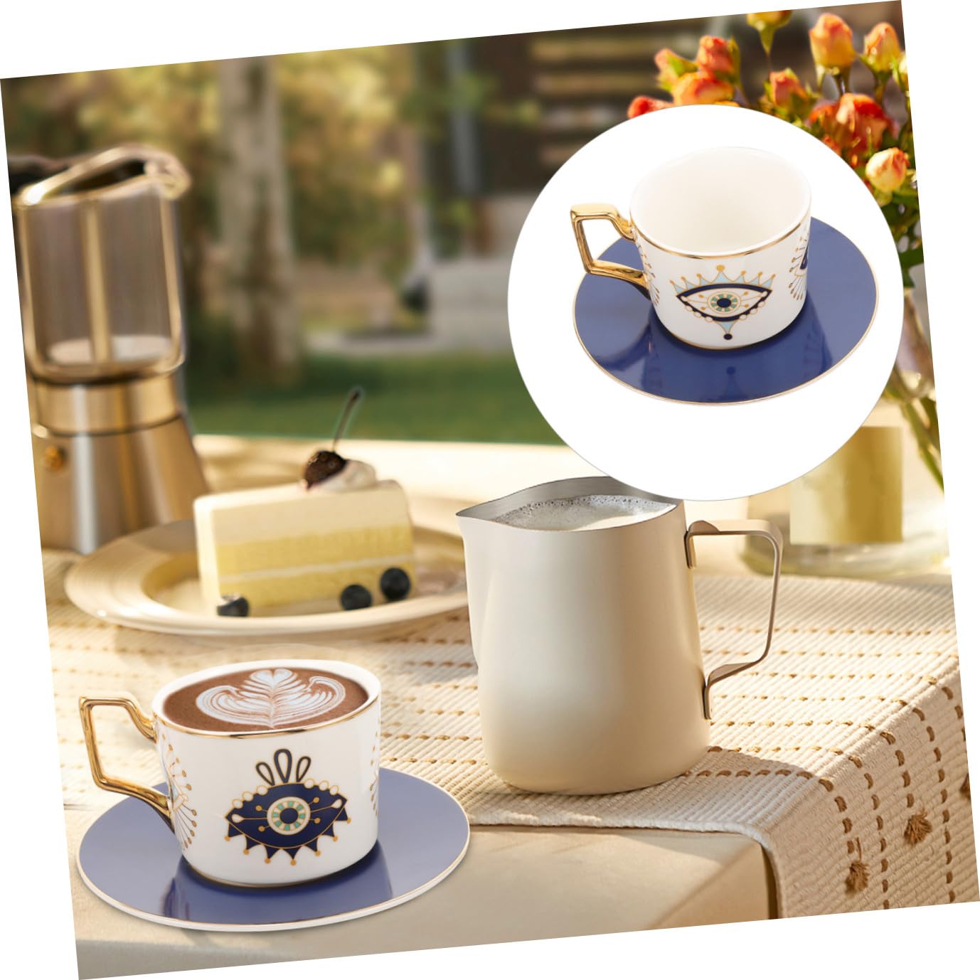 UPKOCH 1set Tazze Da Caffè Ceramica Con Saucer e Design Evil Eye Tazza Elegante Per Caffè Tè Latte e Altri Beverage Stile Europeo Adatta Per Uso Domestico e Occasioni Speciali