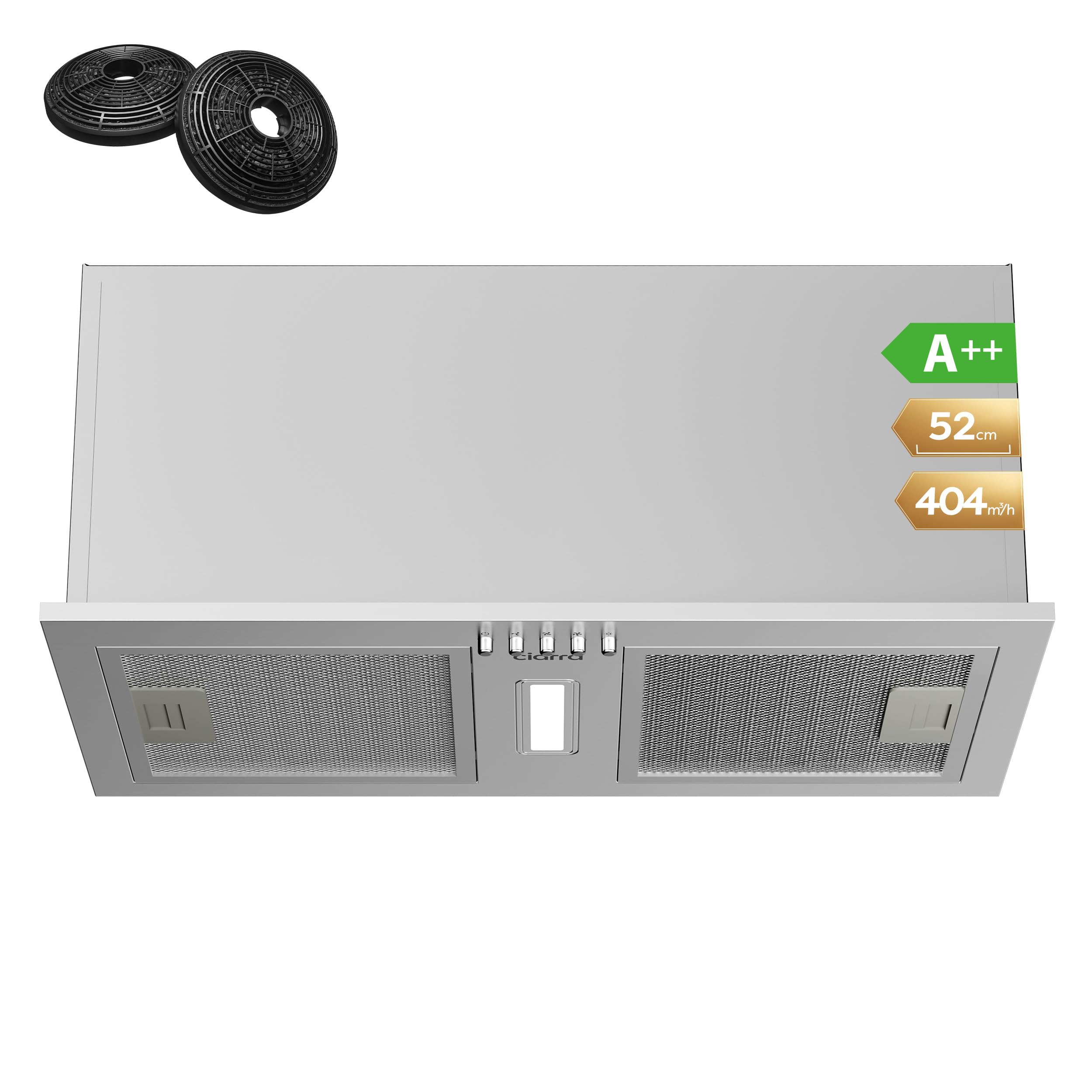 CIARRA Campana Extractora Encastrable 52cm,A++,Filtro Carbón CBCF002X2 | 404 m³/h | Recirculación/Evacuación | 3 Velocidades | Luz LED | Extractor de Cocina Integrado CBCS5937A