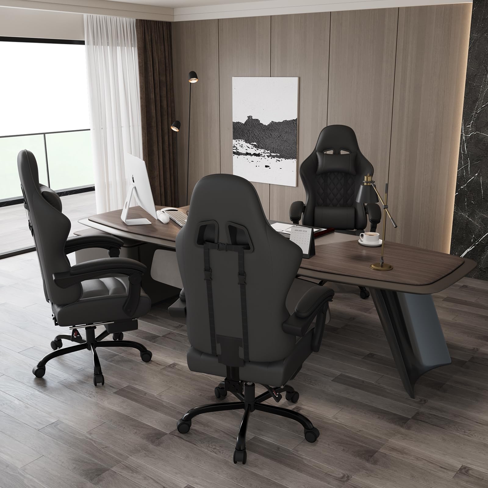 JUMMICO Chaise Gaming Ergonomique, Chaise de Bureau avec Fonction Massage, Fauteuil Gaming avec Repose-Pieds, 150 kg, Noir