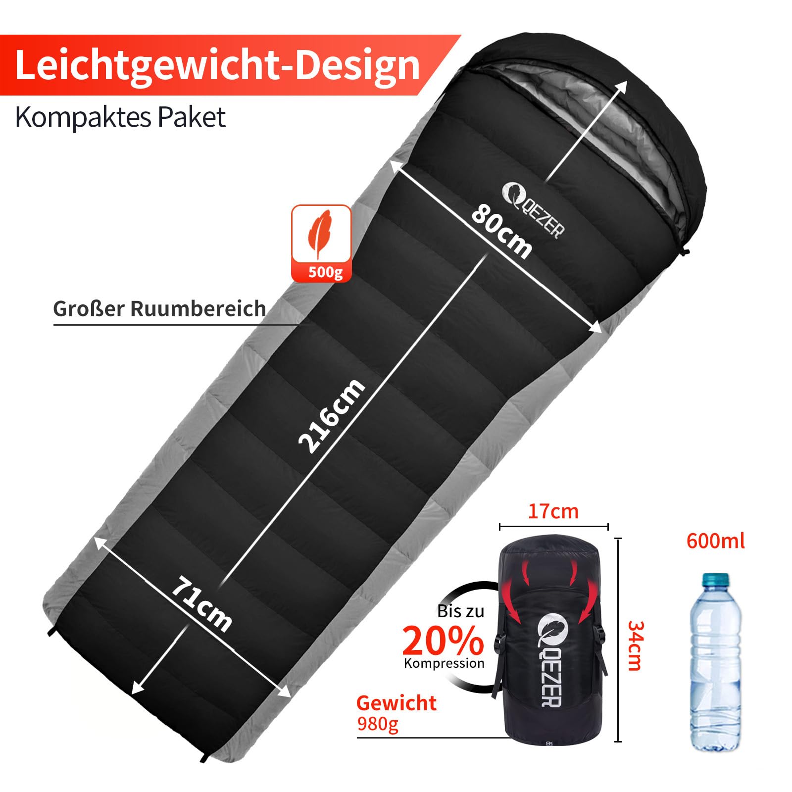 Daunenschlafsack,schlafsack kleines packmaß , 600FP+ Premium-Daunen, 12°C bis -24°C, leicht und warm für 3-4 Jahreszeiten, Camping, Wandern und Outdoor-Trekking