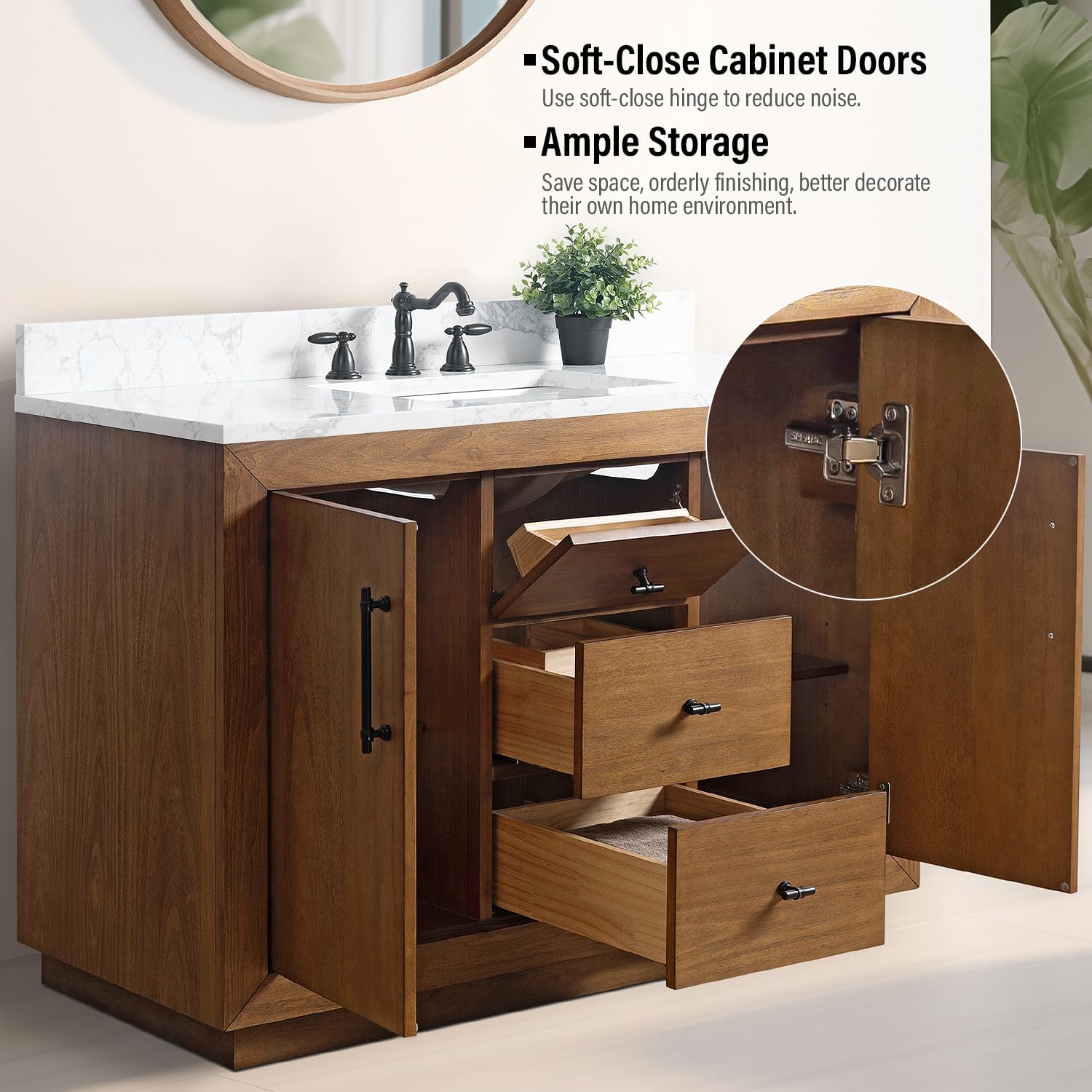Vanity Art 48 inch Bathroom Vanity with Single Sink, Modern Wood Bath Vanity with Carrara Marble Top, Vanity Cabinet with Doors， Removable Shelf, Solid Wood Frame, Ceramic Sink, Tan, VA7048E