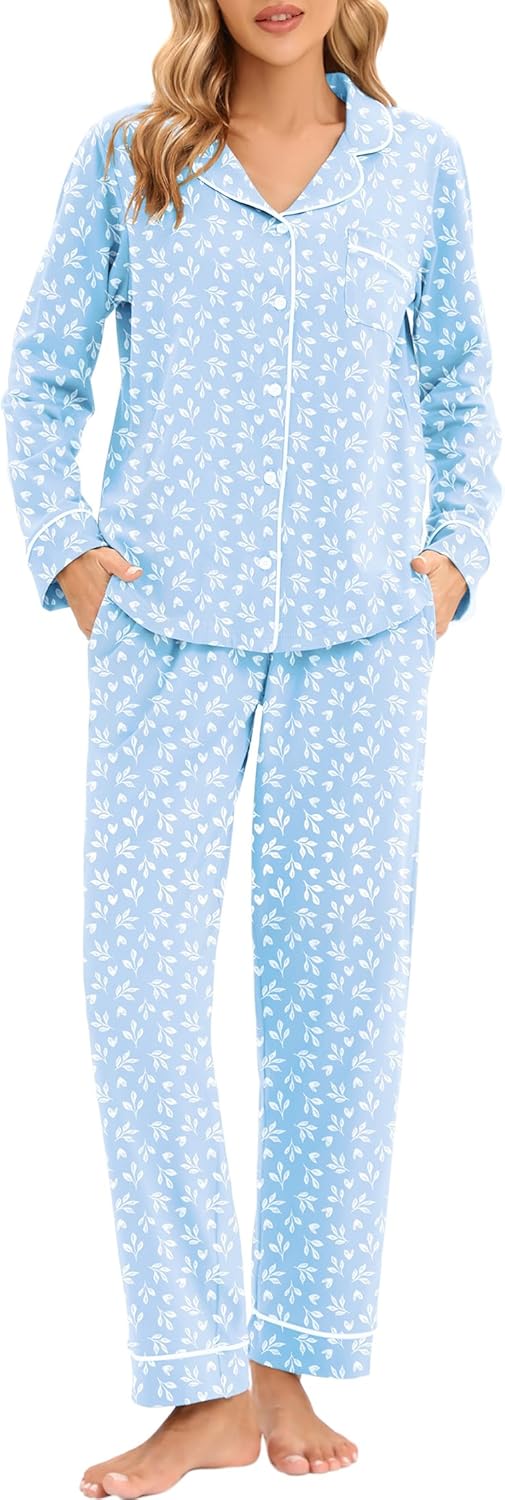 LUBOT 2025 100% Cotton Pajamas for Women PJ Set Soft Button 2 Piece Ladies Knit Long Sleeve Sleepwear Loungewear XS-XXL