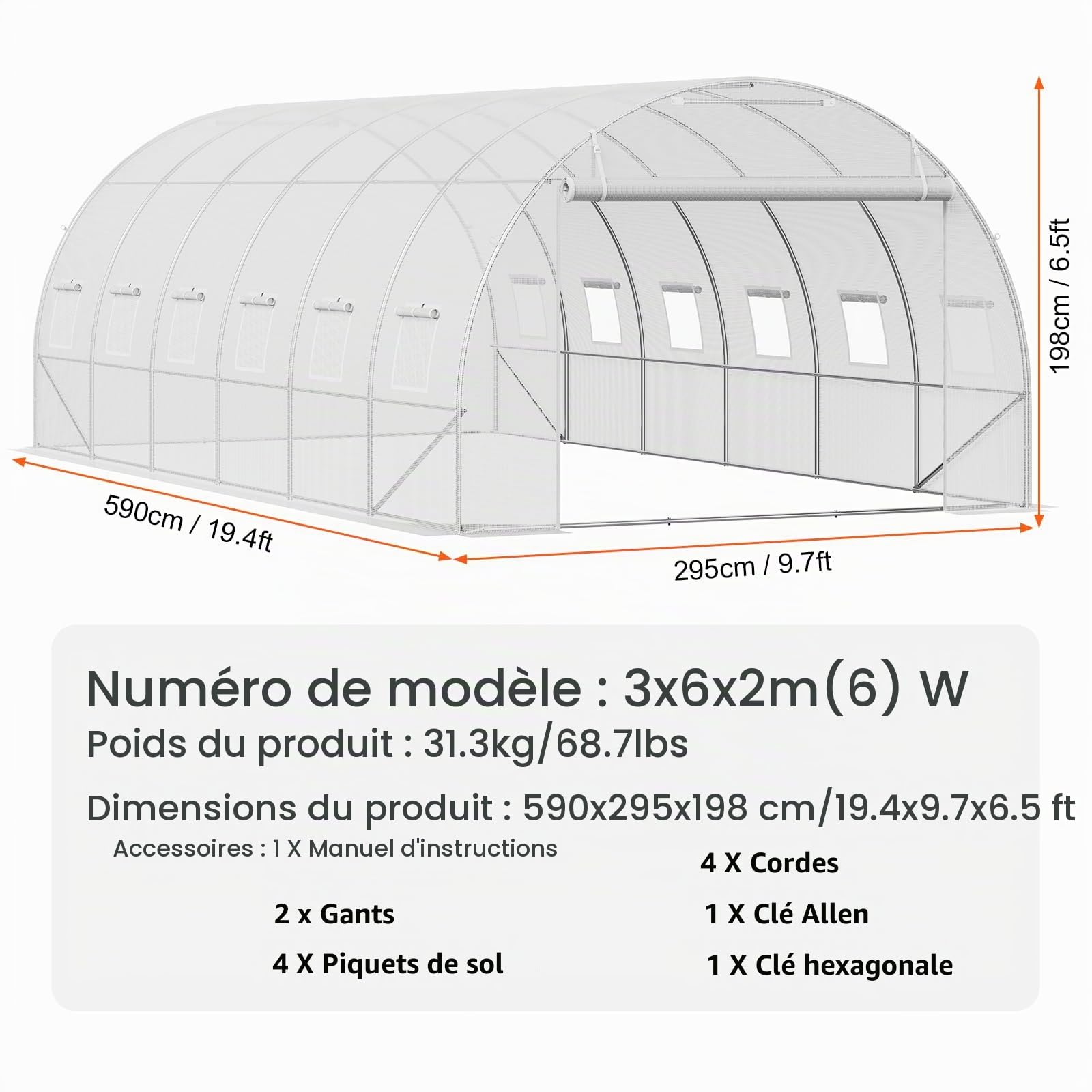 VEVOR Serre Tunnel Jardin, 590x295x198 cm, Tente Abri Plantes avec Cadre en Acier Galvanisé, Couverture en PE Blanche, Porte à Glissière Enroulable, 12 Fenêtres, pour Extérieur Cultiver Légumes Fleurs