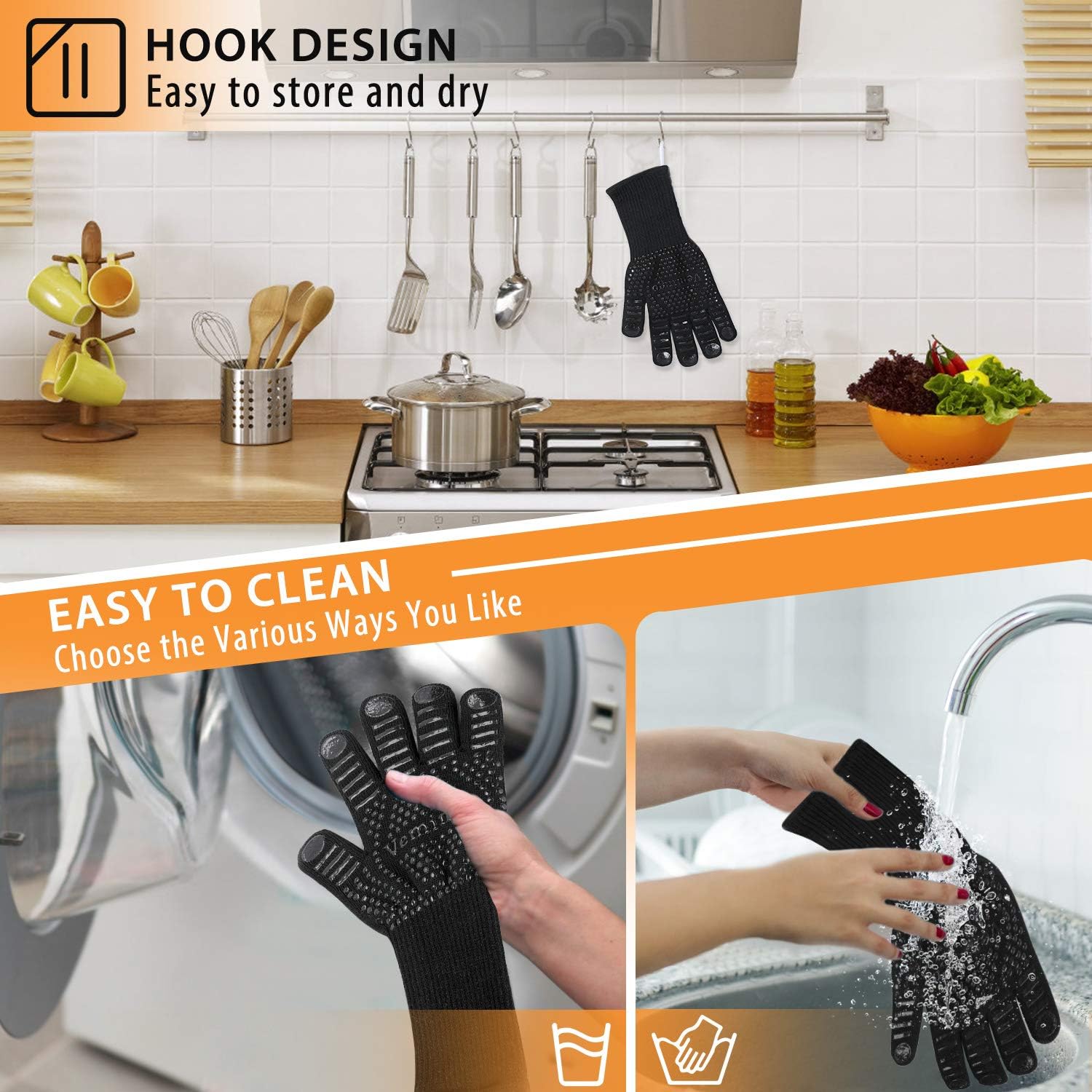 BBQ Gloves 1472°F Extreme Heat Resistant Ov Grill Gloves Heat Proof/Fireproof Gloves Oven Mitts Barbecue Gloves for Smoker/Grilling/Cooking/Baking 12.5CM Large, Black : Patio, Lawn & Garden