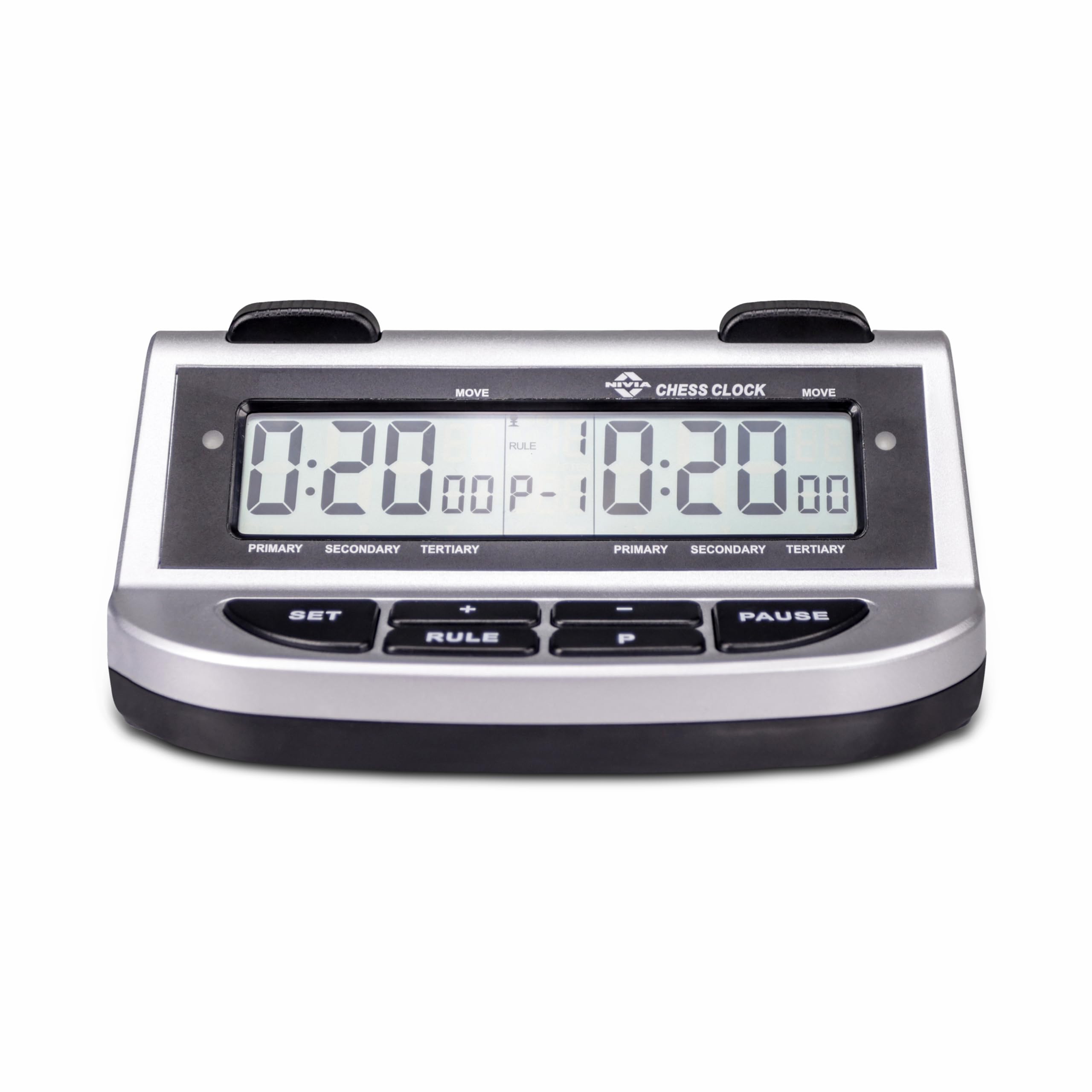 Nivia Chess Clock for Professional Board Games, Large Display, Digital Clocks, Game Timer, Chess Clock and Board, Count Up/Countdown (Black/Grey)