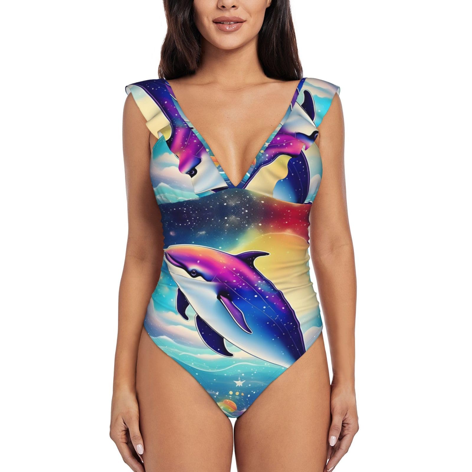 Colorful Starry Sky Ocean Dolphin Print Women's One Piece Swimsuits High Waisted Bathing Ruffled Flounce Suit, Colorful Starry Sky Ocean Dolphin, S