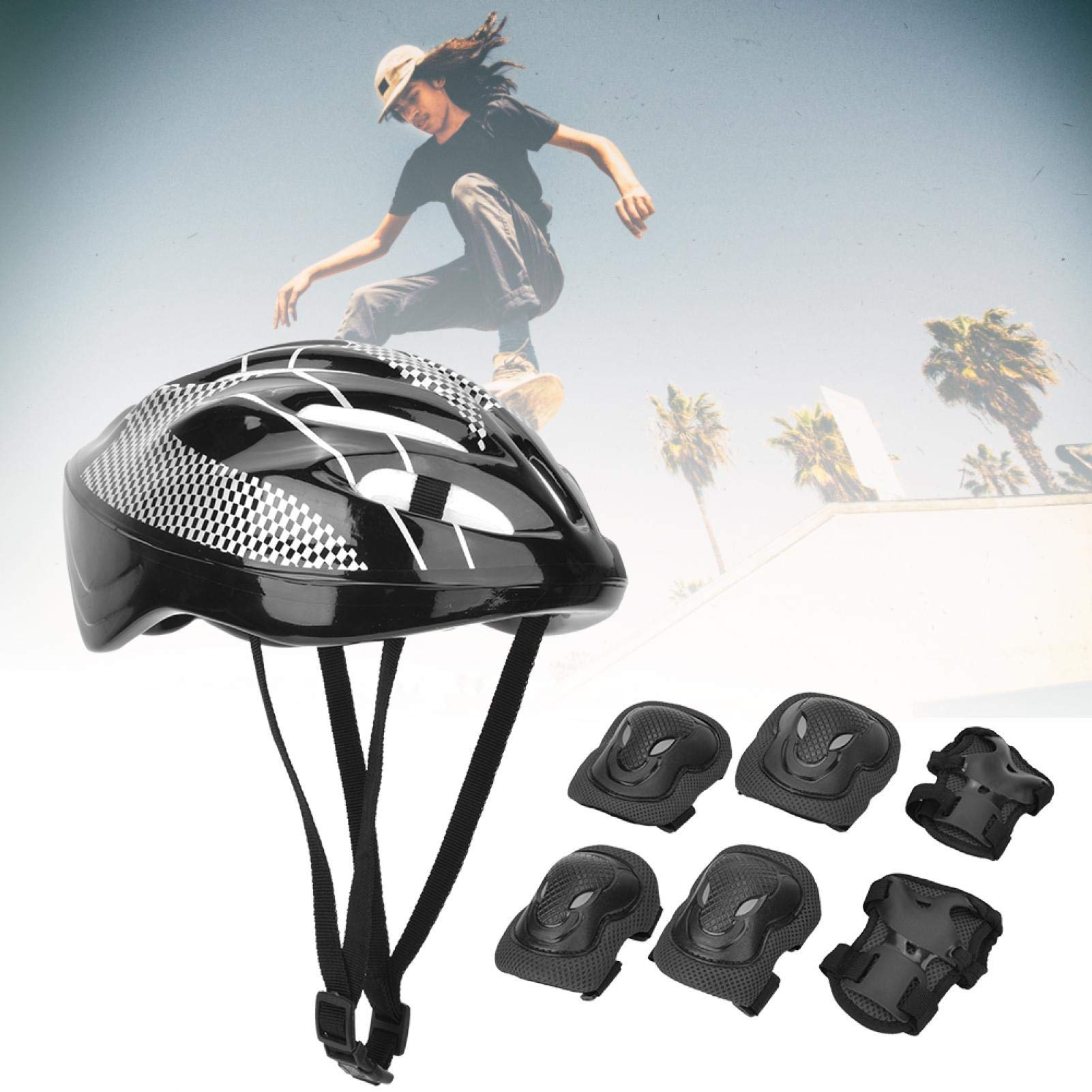 Set di Protezioni Sportive per Adulti, 7 in 1 Pattini a rotelle per Casco da Bici Ginocchiere Gomitiere e Protezioni per i Polsi Set,(Black, Adult Models)