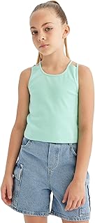 بلوزة قصيرة رياضية منسوجة للبنات بقصة ضيقة ورقبة دائرية بدون أكمام من ديفاكتو، D0877A8