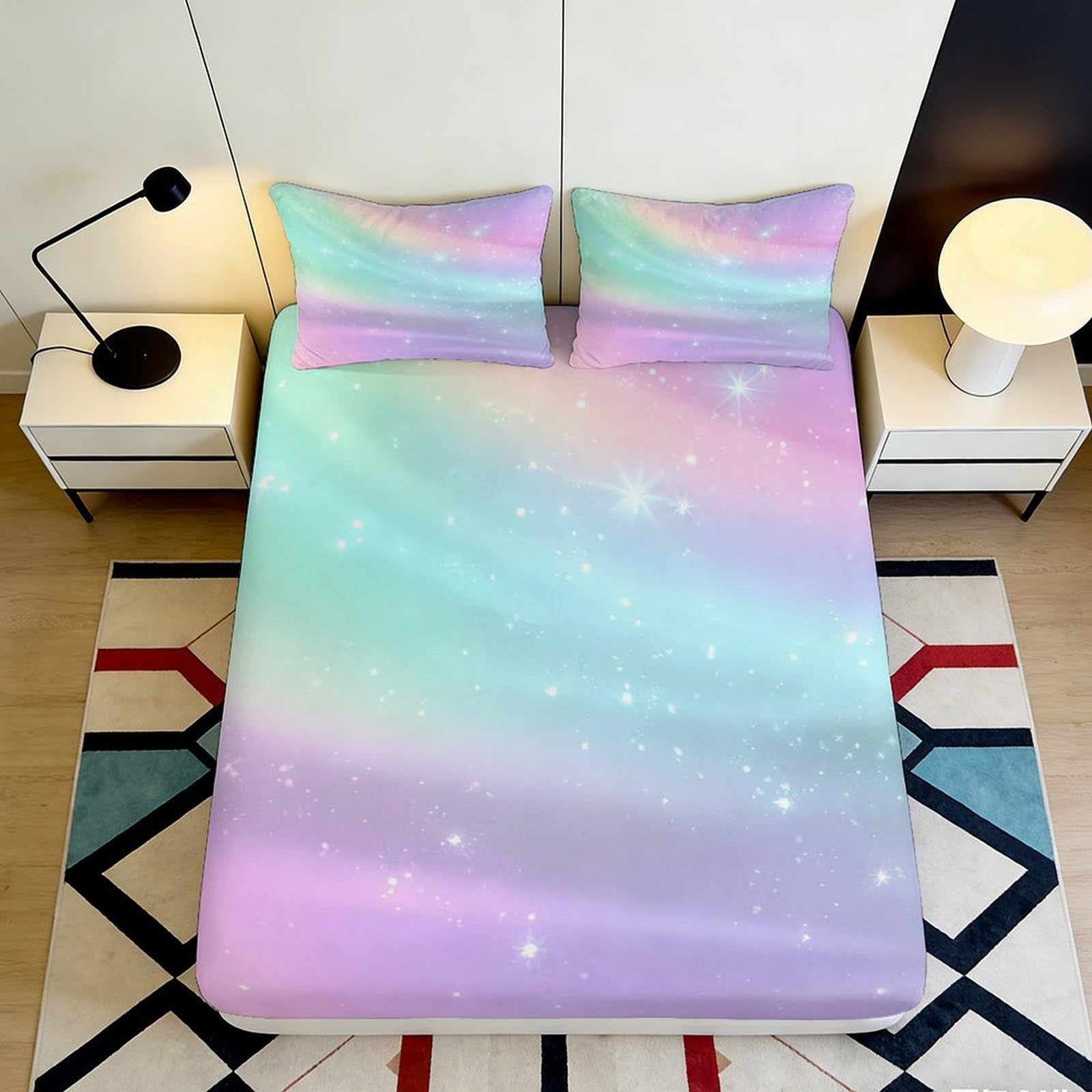 Pnayamiorkfel Style-4 3D Printed Pastel Galaxy Starry Sky Fitted Sheet Microfiber Soft Slip-Resistant Cosmic Nebula Bed Cover For Bedroom Guestroom 90X200x25cm
