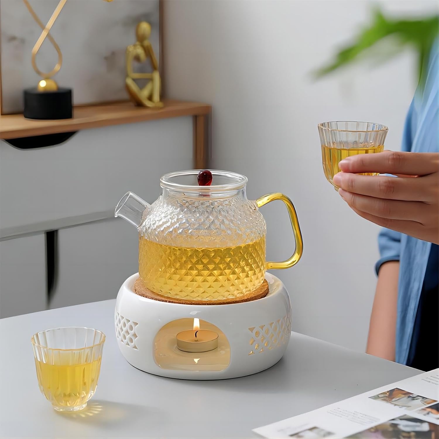 Bamboo's Grocery LoKii Ceramic Teapot Warmer with Cork Cushion, Teapot Heater, Tea Light Warmer, Suitable for Teapot and Mugs, 6 Inches, Large