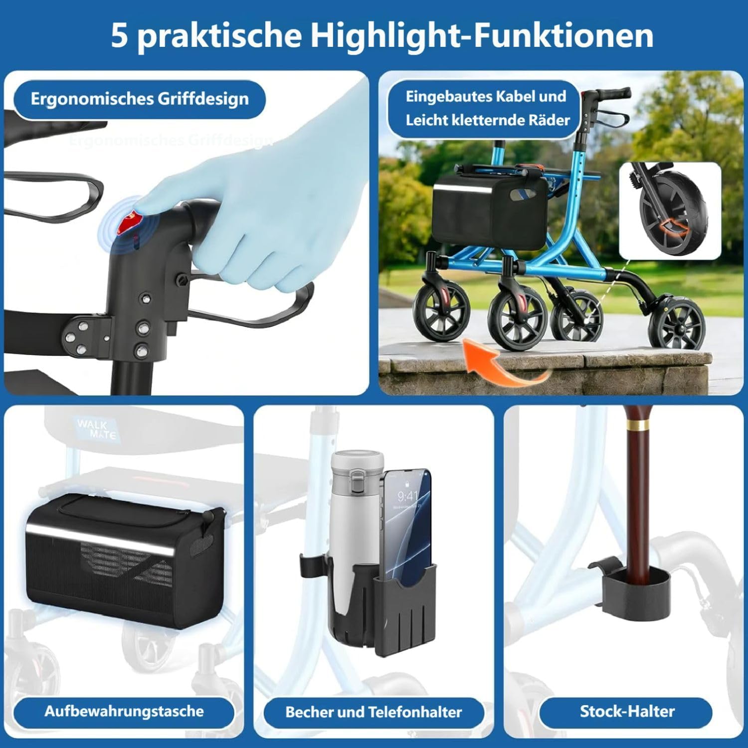 WALK MATE Rollator Faltbar und Leicht mit Sitz für schmale Wohnungen | ergonomische Höhenverstellung 150–190 cm,Rollatoren für Senioren Klappbar mit 20cm Reifen, nur 6.7kg leicht